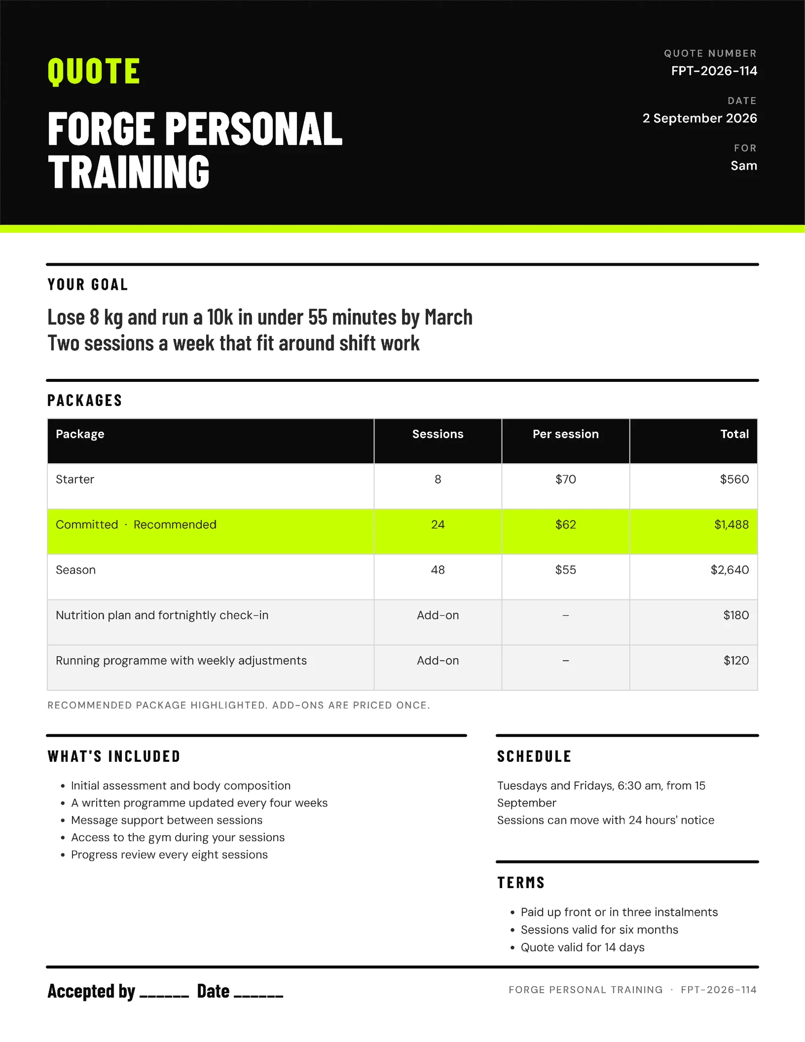 Bold Personal Training Package Quote — 2-page Quote template, page 1 of 2