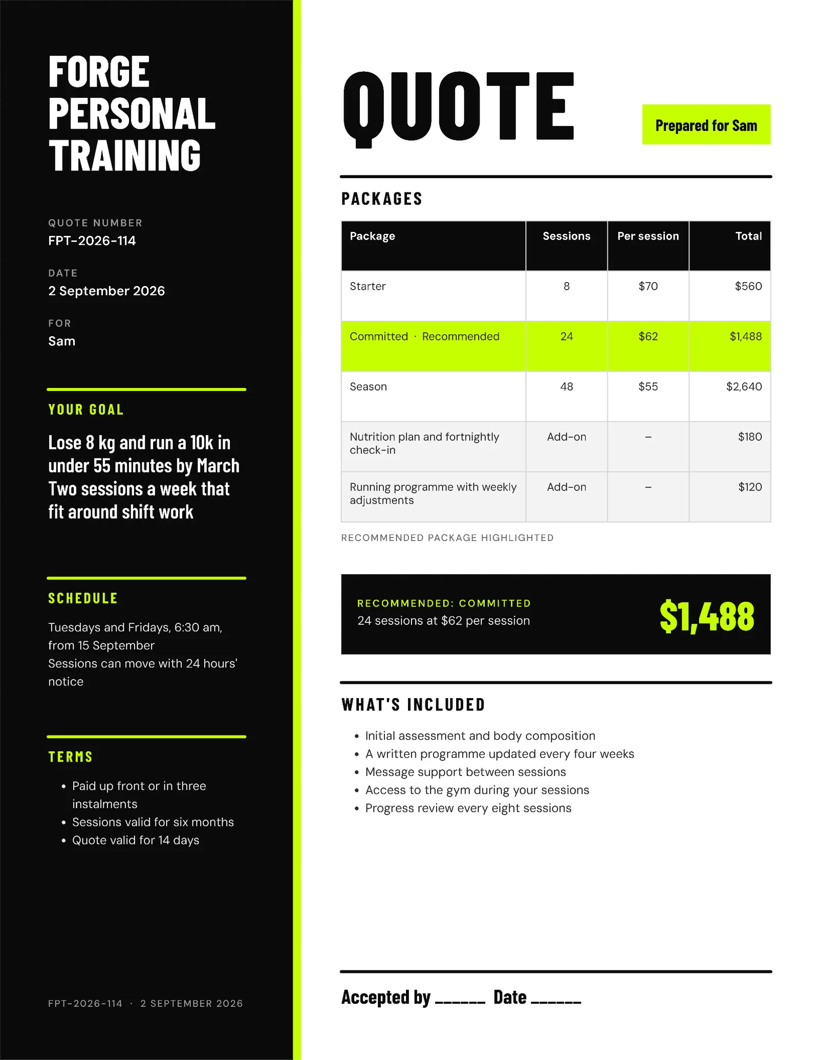 Bold Personal Training Package Quote — 2-page Quote template, page 2 of 2