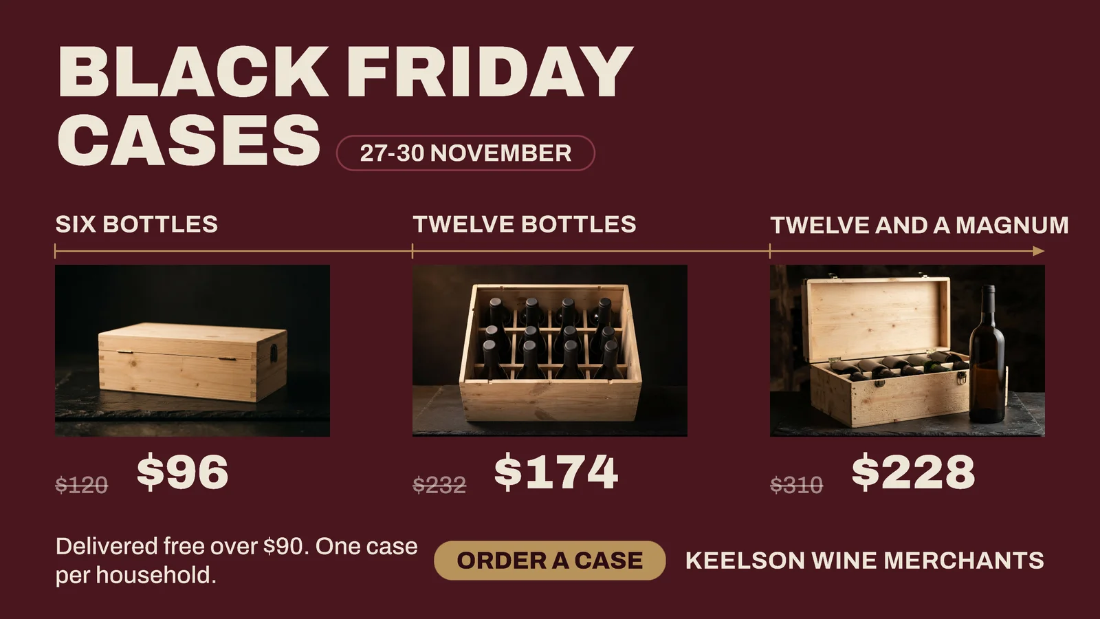 Oxblood Case Tier Row Wine Merchant Black Friday YouTube Ad — 16:9 YouTube ad template