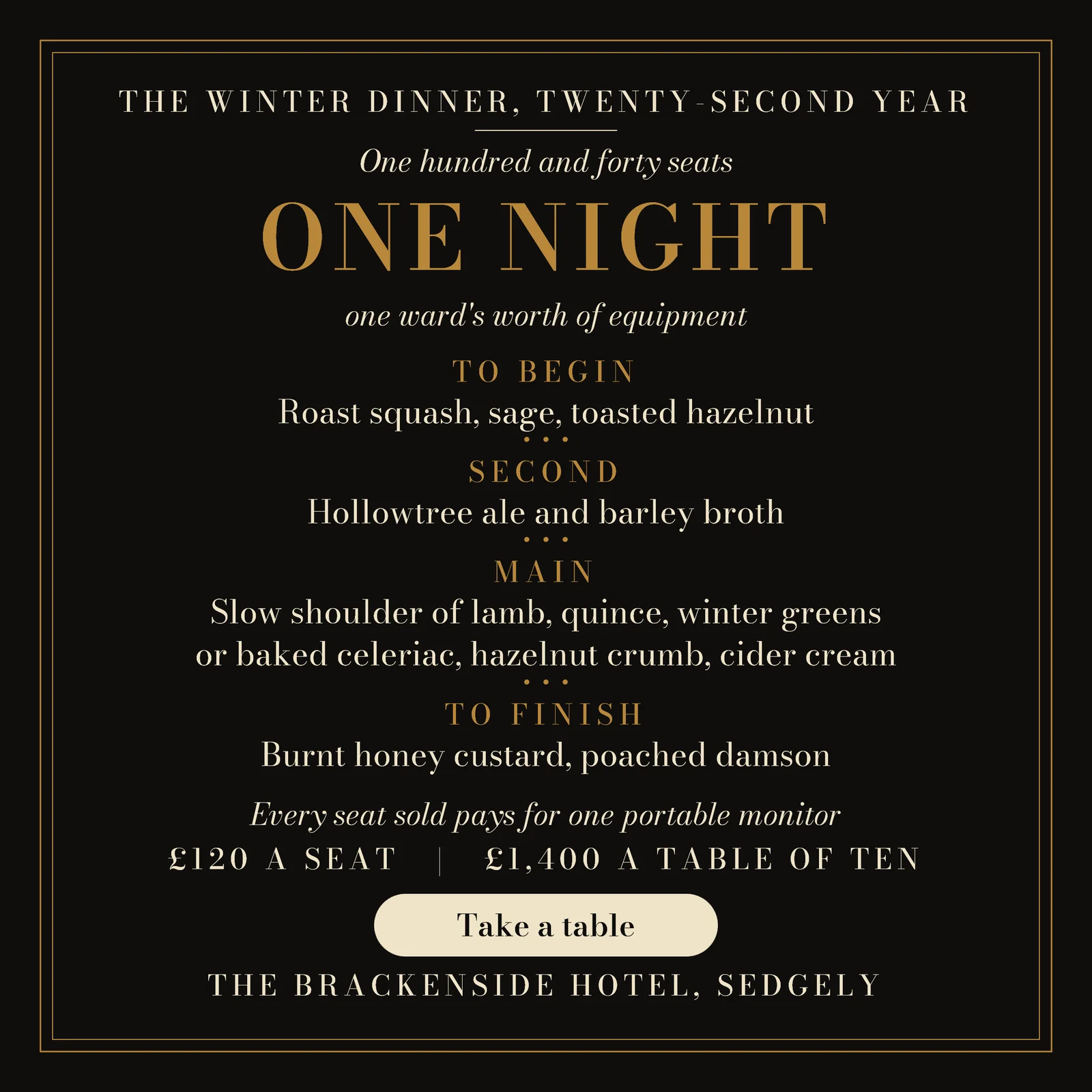 Near Black Menu Card Charity Dinner Fundraiser Facebook Ad — 1:1 Facebook ad template