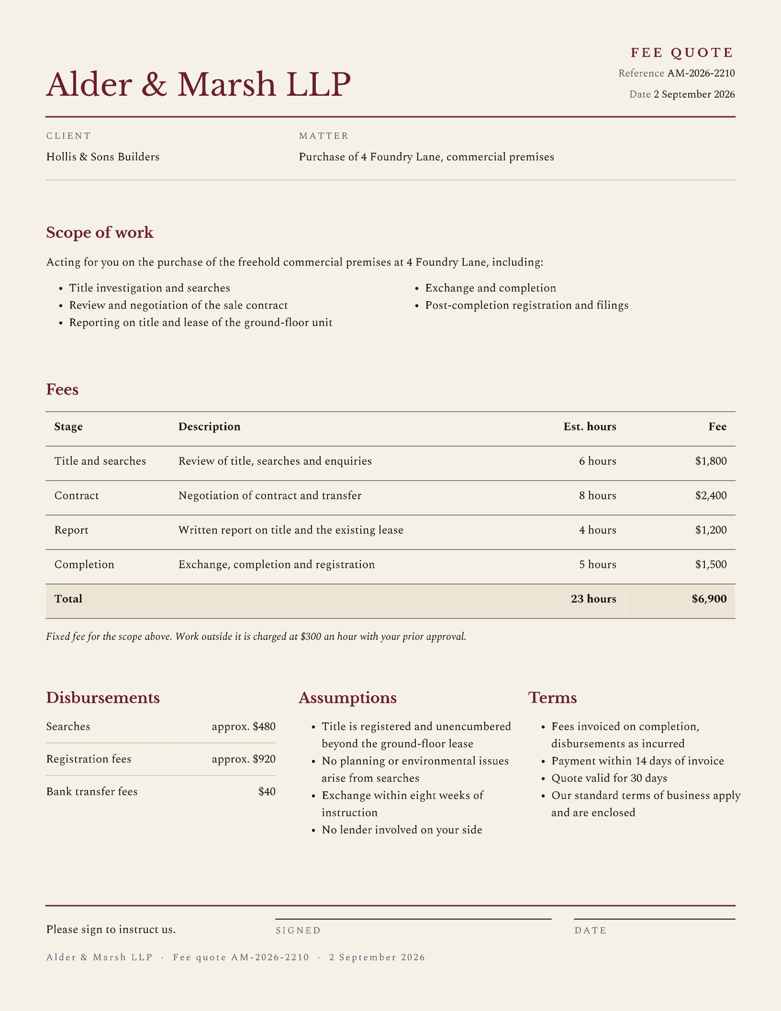 Formal Legal Fee Quote — 2-page Quote template, page 1 of 2