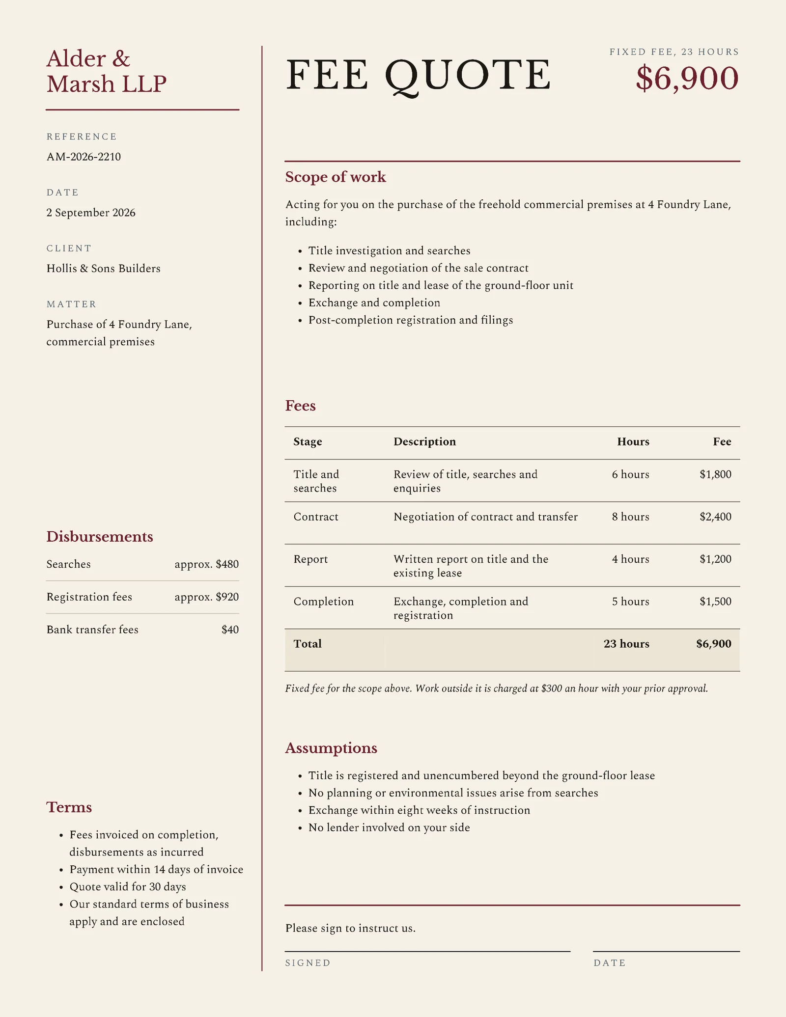 Formal Legal Fee Quote — 2-page Quote template, page 2 of 2