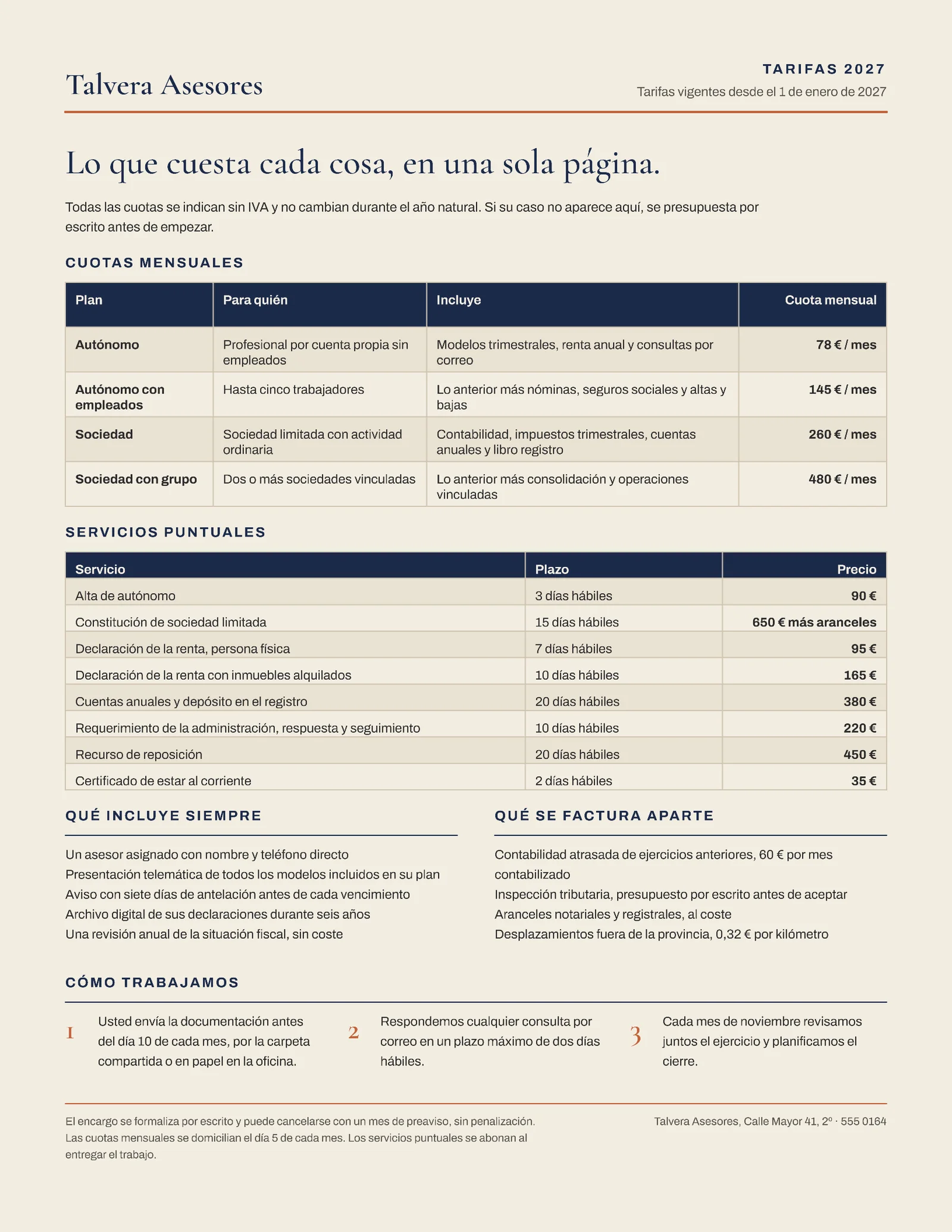 Sand Navy Fee Grid Tax Advisory One Pager Spanish — 2-page One pager template, page 1 of 2