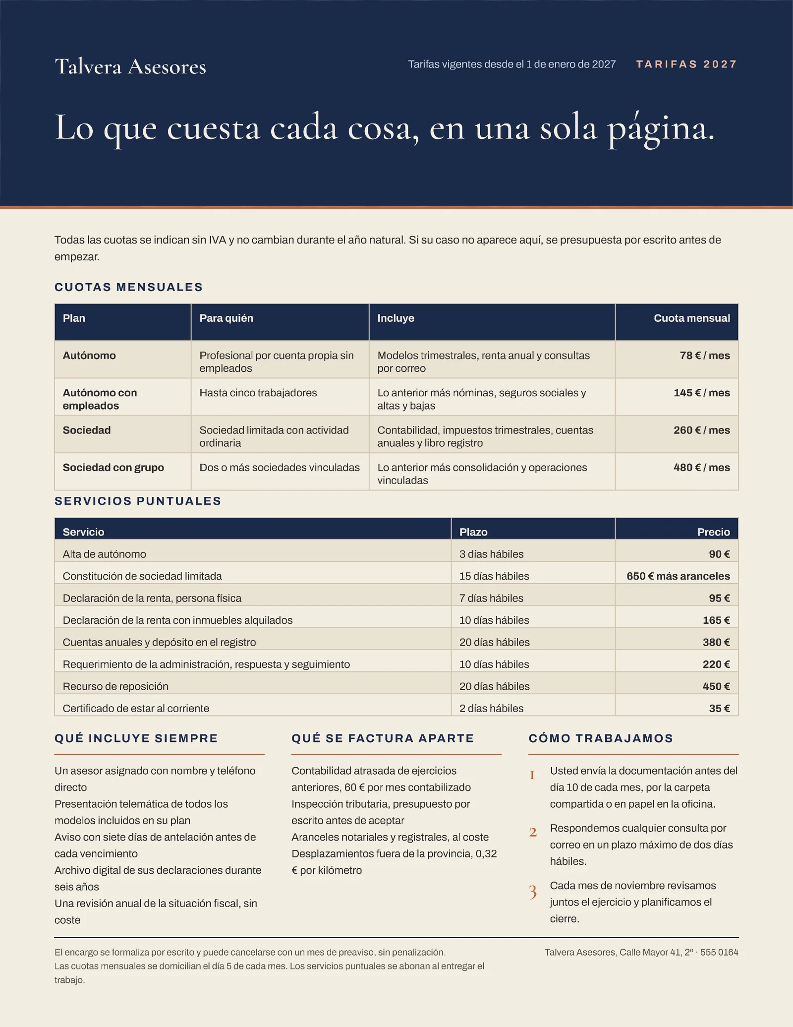 Sand Navy Fee Grid Tax Advisory One Pager Spanish — 2-page One pager template, page 2 of 2