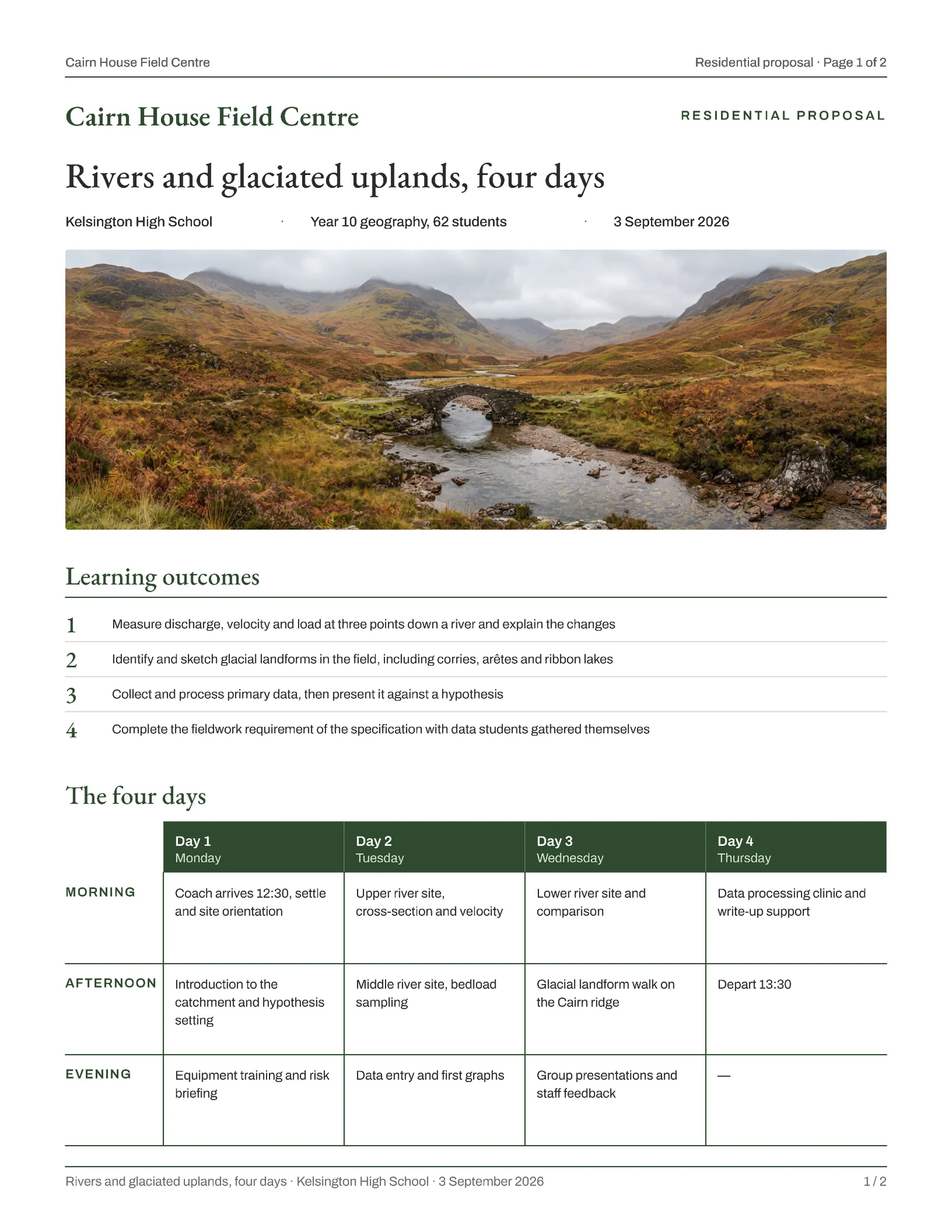 Moss Sand Day Grid Residential Field Trip Proposal — 2-page Proposal template, page 1 of 2
