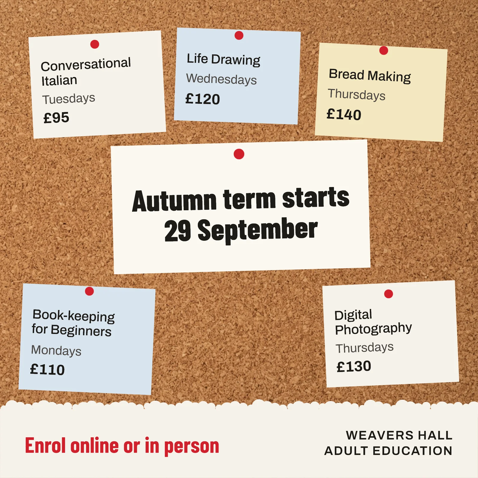 Kraft Noticeboard Adult Evening Classes Facebook Ad — 1:1 Facebook ad template