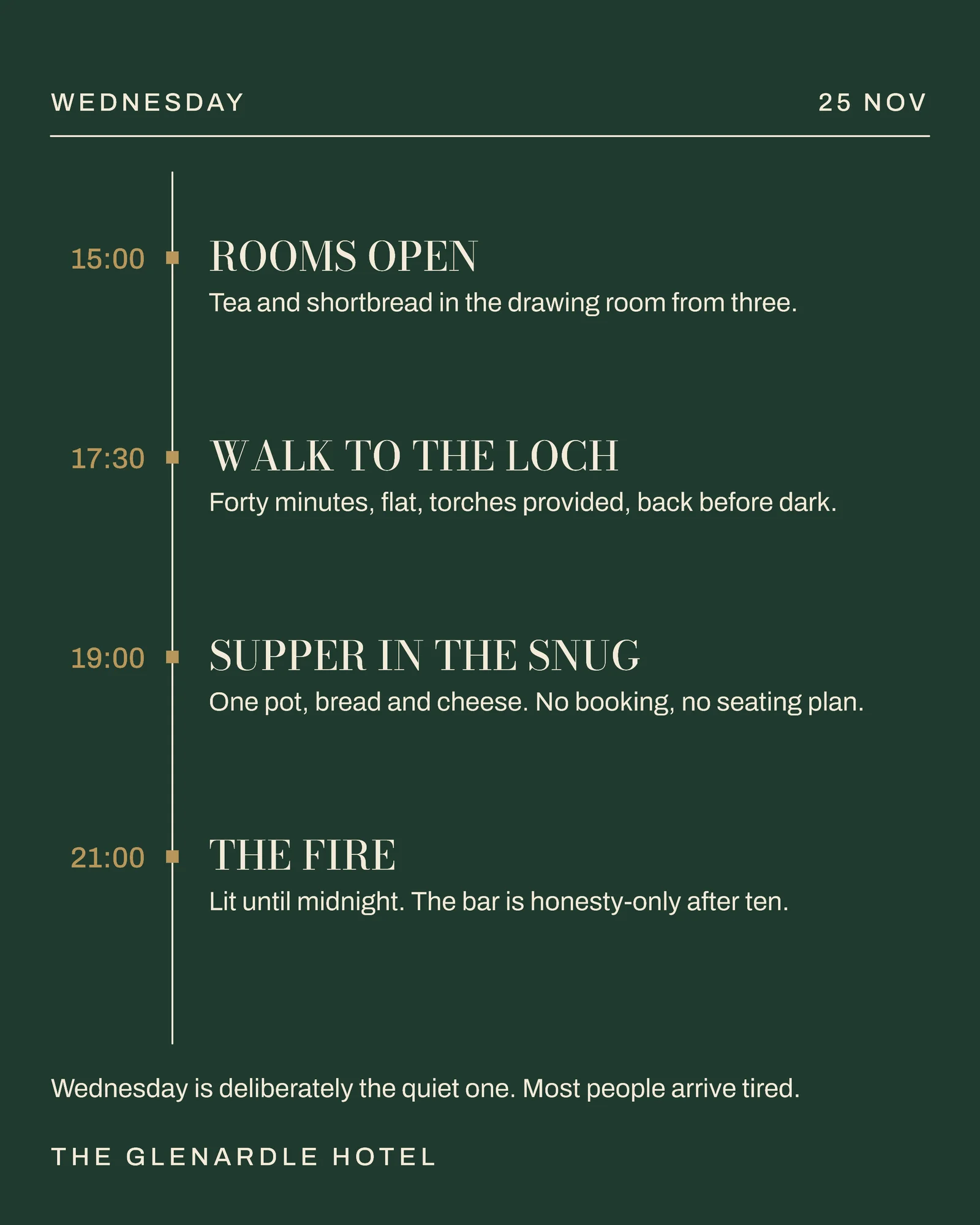 Forest Timeline Hotel Thanksgiving Weekend Itinerary Facebook Carousel — 5-panel Facebook carousel carousel template, page 2 of 5