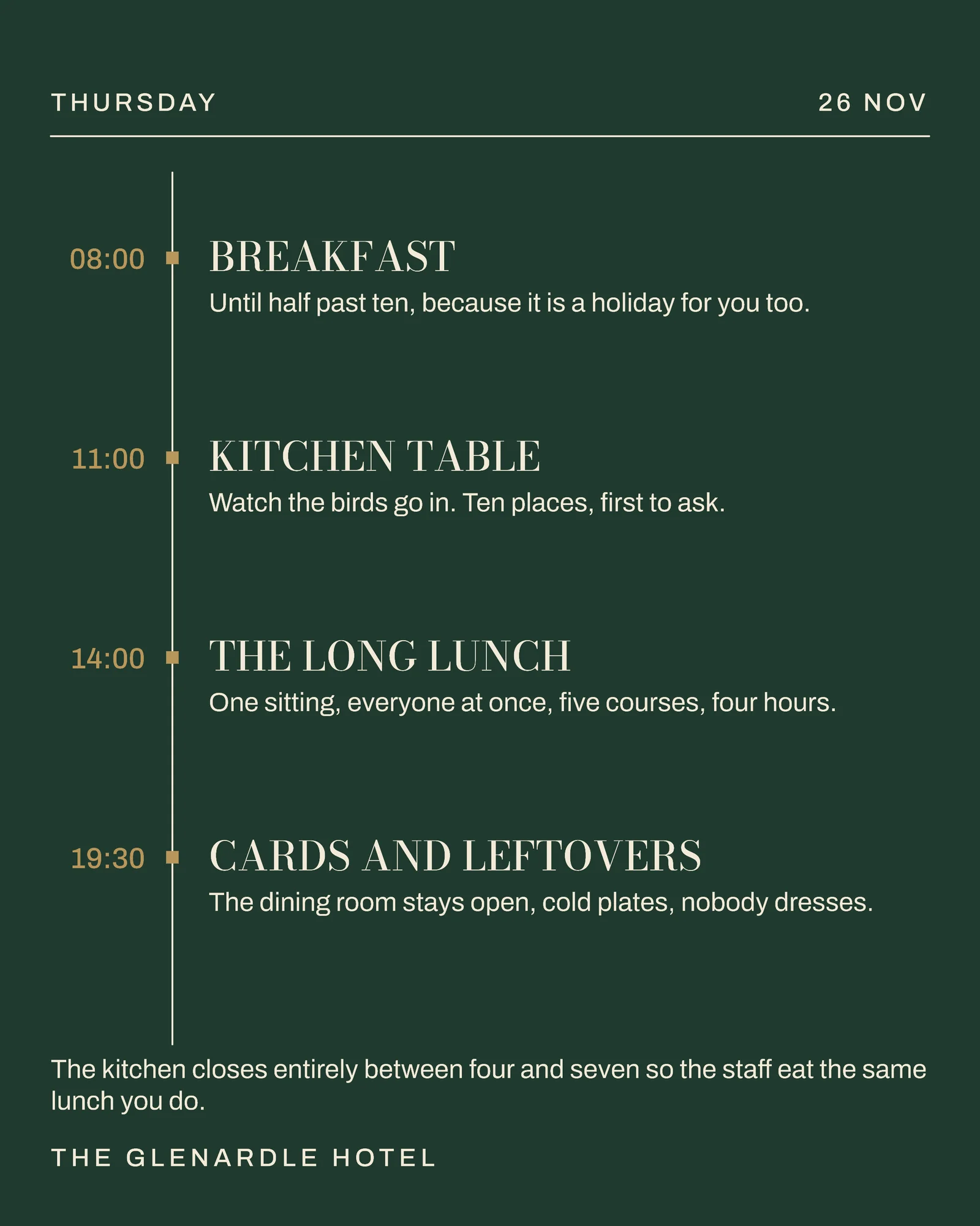 Forest Timeline Hotel Thanksgiving Weekend Itinerary Facebook Carousel — 5-panel Facebook carousel carousel template, page 3 of 5