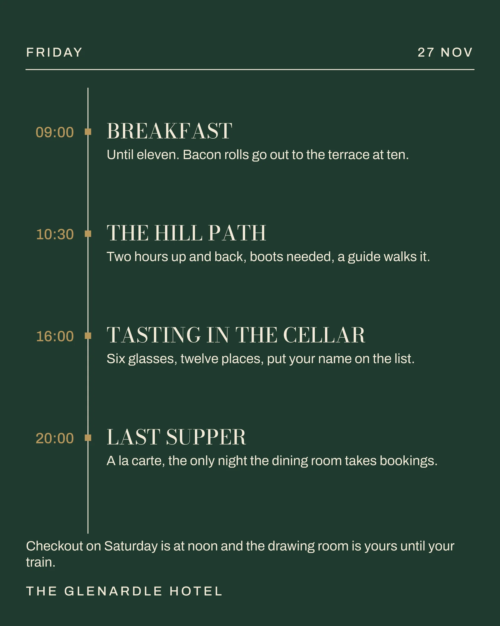 Forest Timeline Hotel Thanksgiving Weekend Itinerary Facebook Carousel — 5-panel Facebook carousel carousel template, page 4 of 5