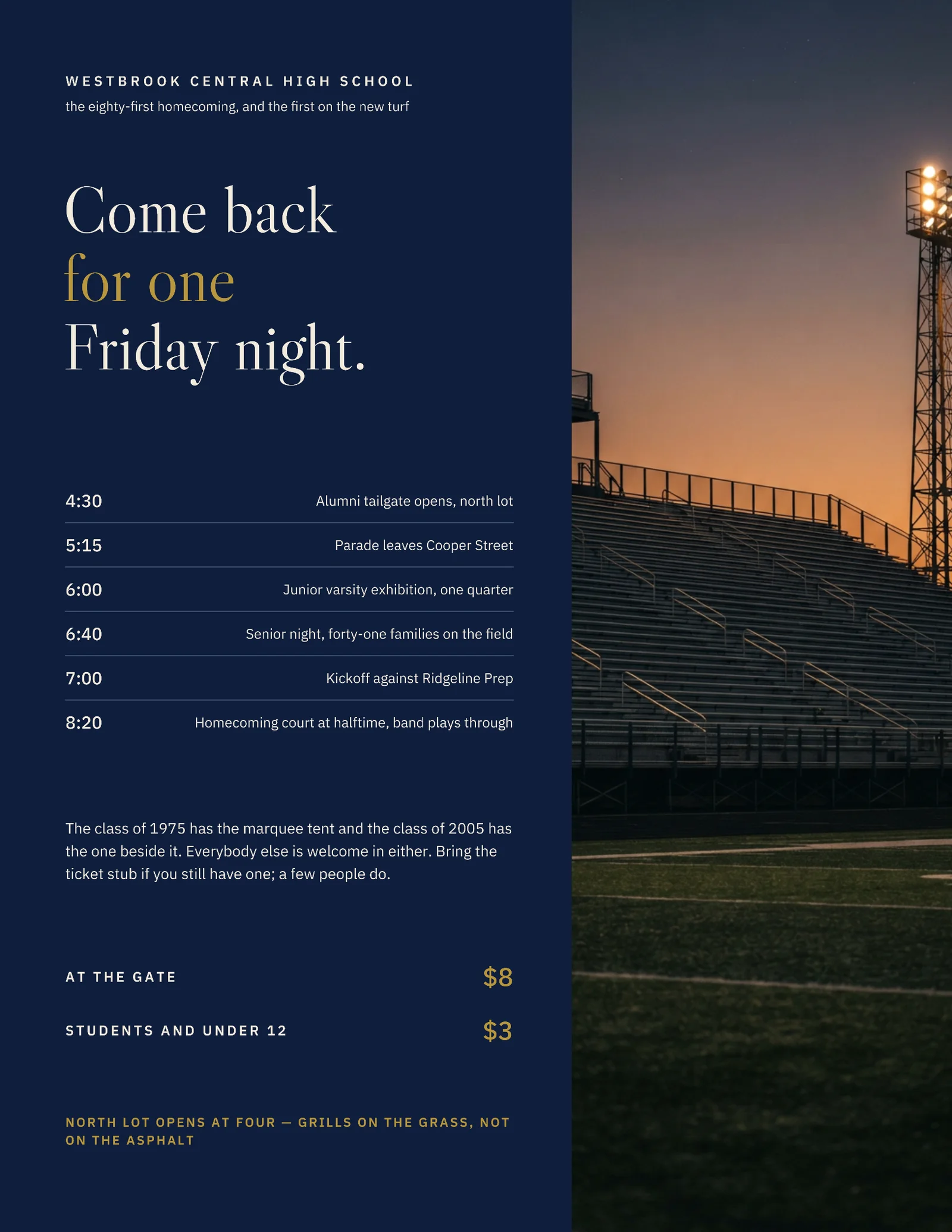 Navy Gold Vertical Split High School Homecoming Game Flyer — Letter Flyer template