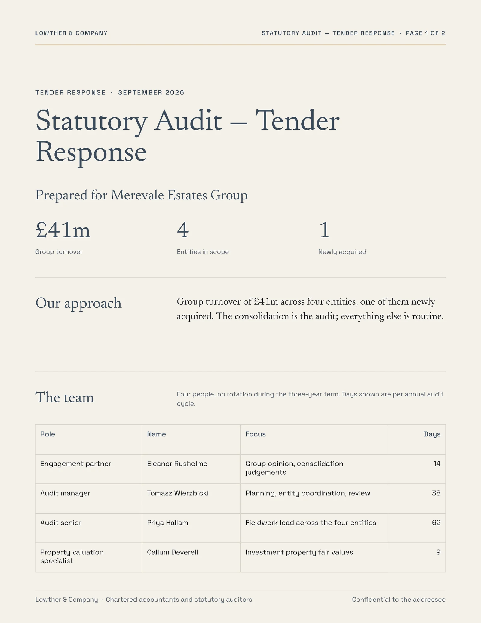 Statutory Audit Tender Proposal — 2-page Proposal template, page 1 of 2