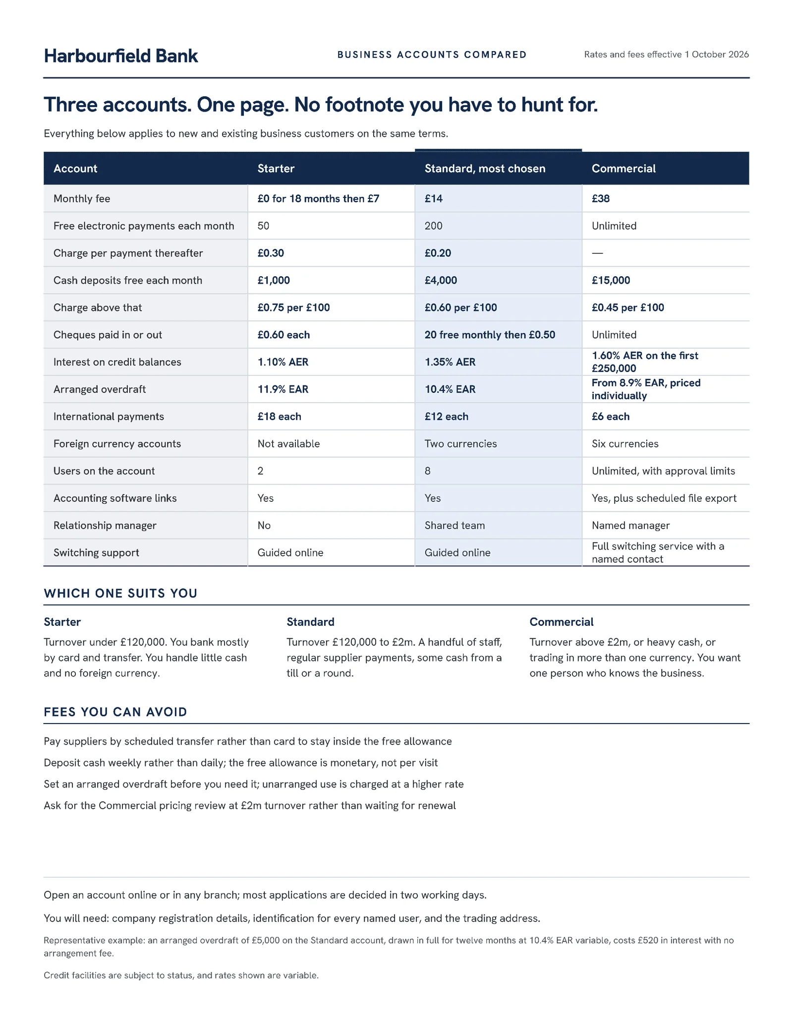 Navy Slate Comparison Columns Business Banking Accounts One Pager — Letter One pager template