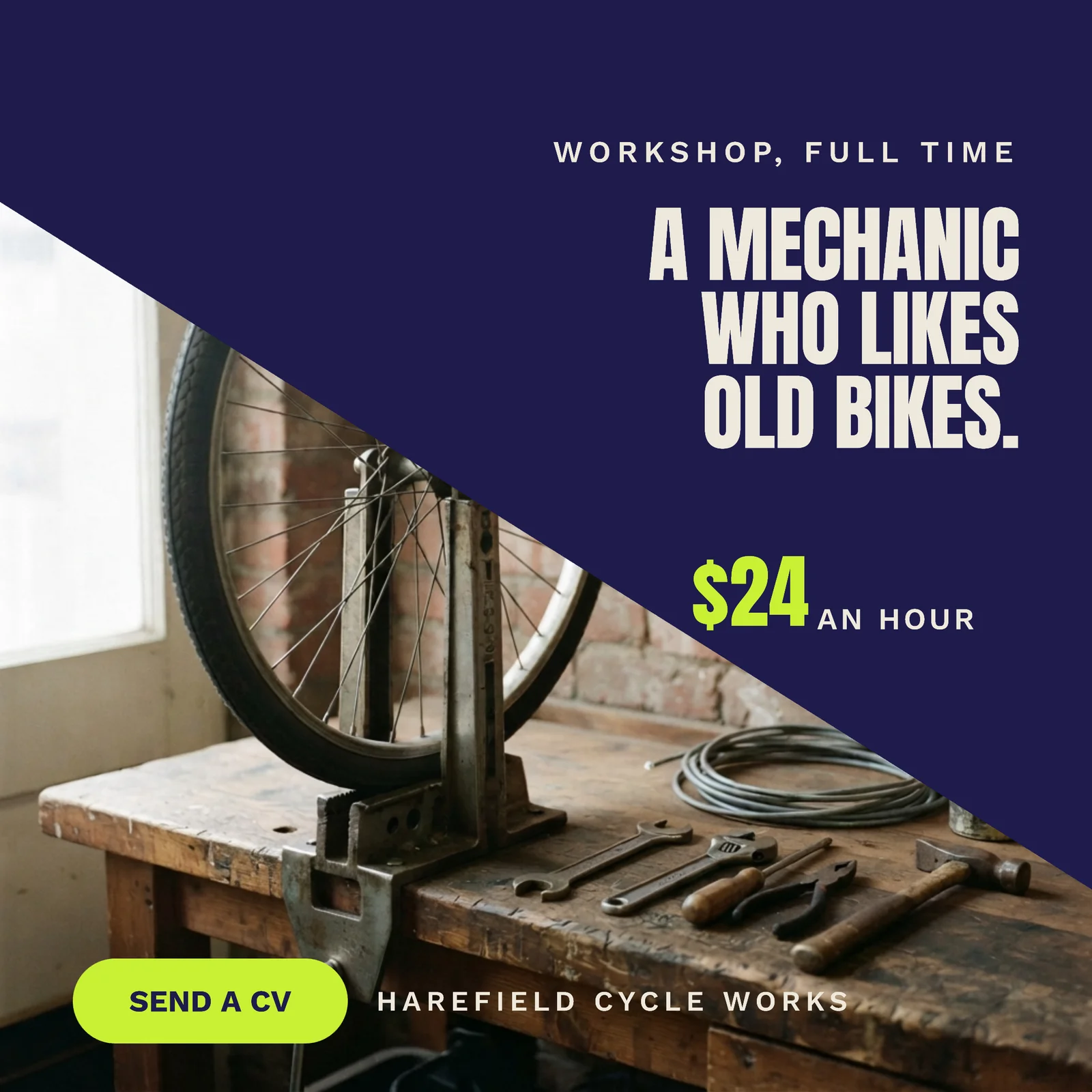 Indigo Lime Diagonal Split Cycle Workshop Mechanic Hiring Facebook Ad — 1:1 Facebook ad template