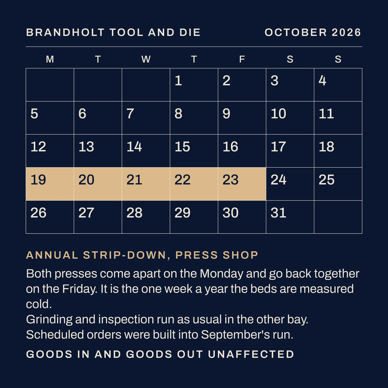 Toolmaker October Shutdown Calendar LinkedIn Post — 1:1 LinkedIn post template
