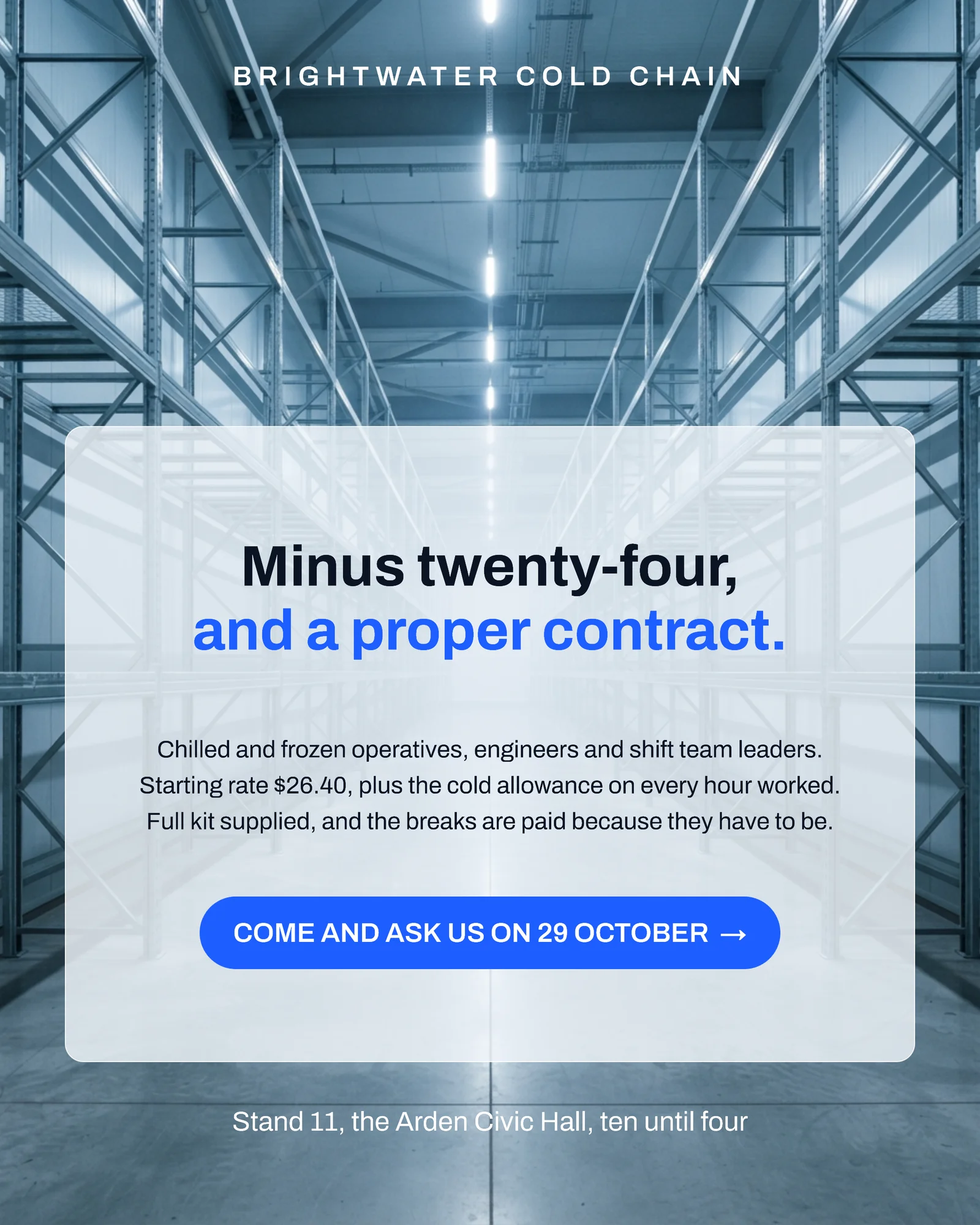 Cold Store Electric Blue Floating Card Cold Chain Hiring LinkedIn Ad — 4:5 LinkedIn ad template