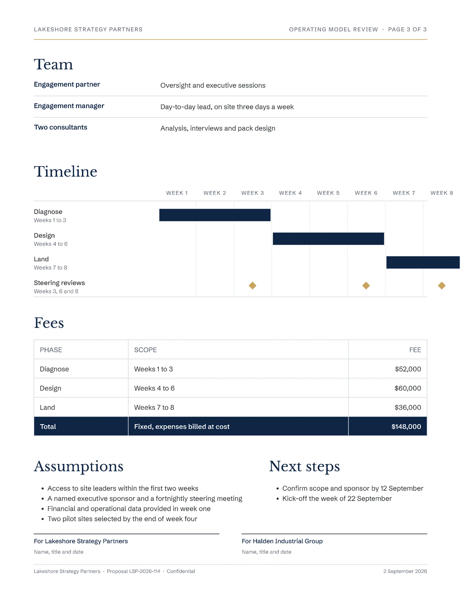 Corporate Consulting Engagement Proposal — 3-page Proposal template, page 3 of 3