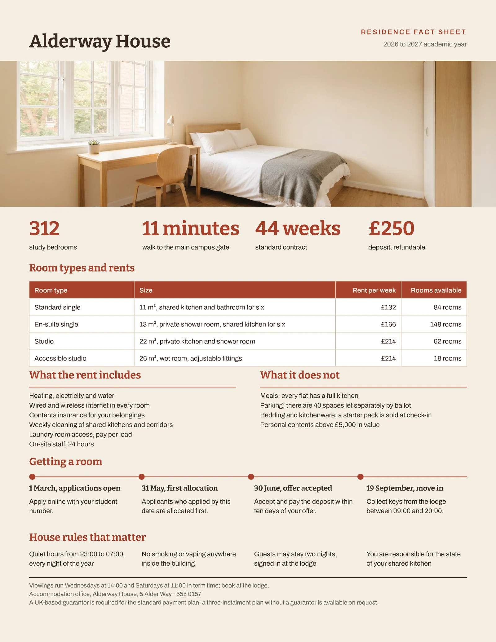 Brick Cream Residence Facts Student Accommodation One Pager — 2-page One pager template, page 1 of 2