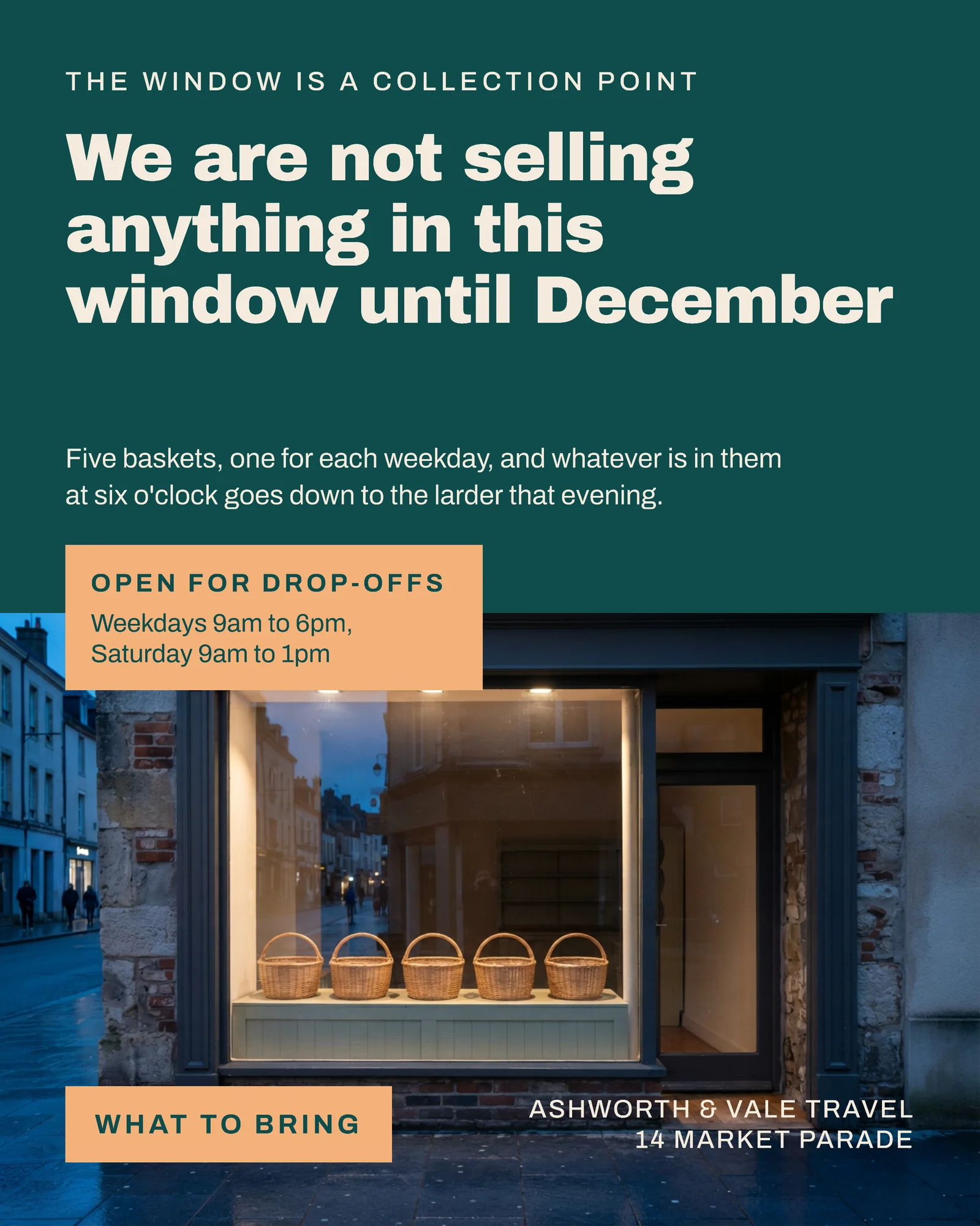 Deep Teal Apricot Colour Head Travel Shop Window Baskets Instagram Ad — 4:5 Instagram ad template