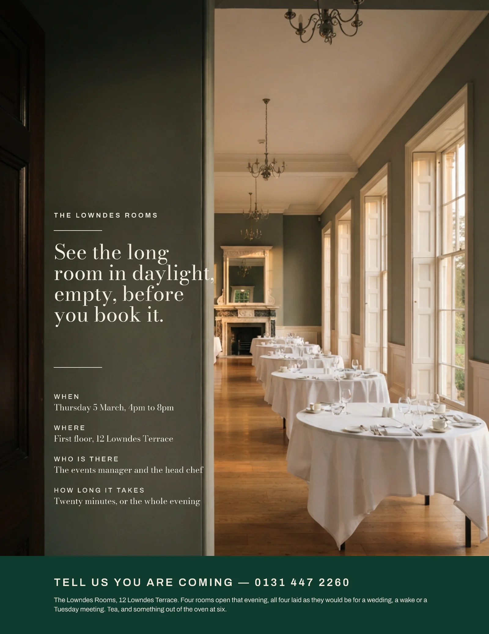 Bottle Green Full Bleed Hotel Function Room Viewing Invitation — Letter Invitation template