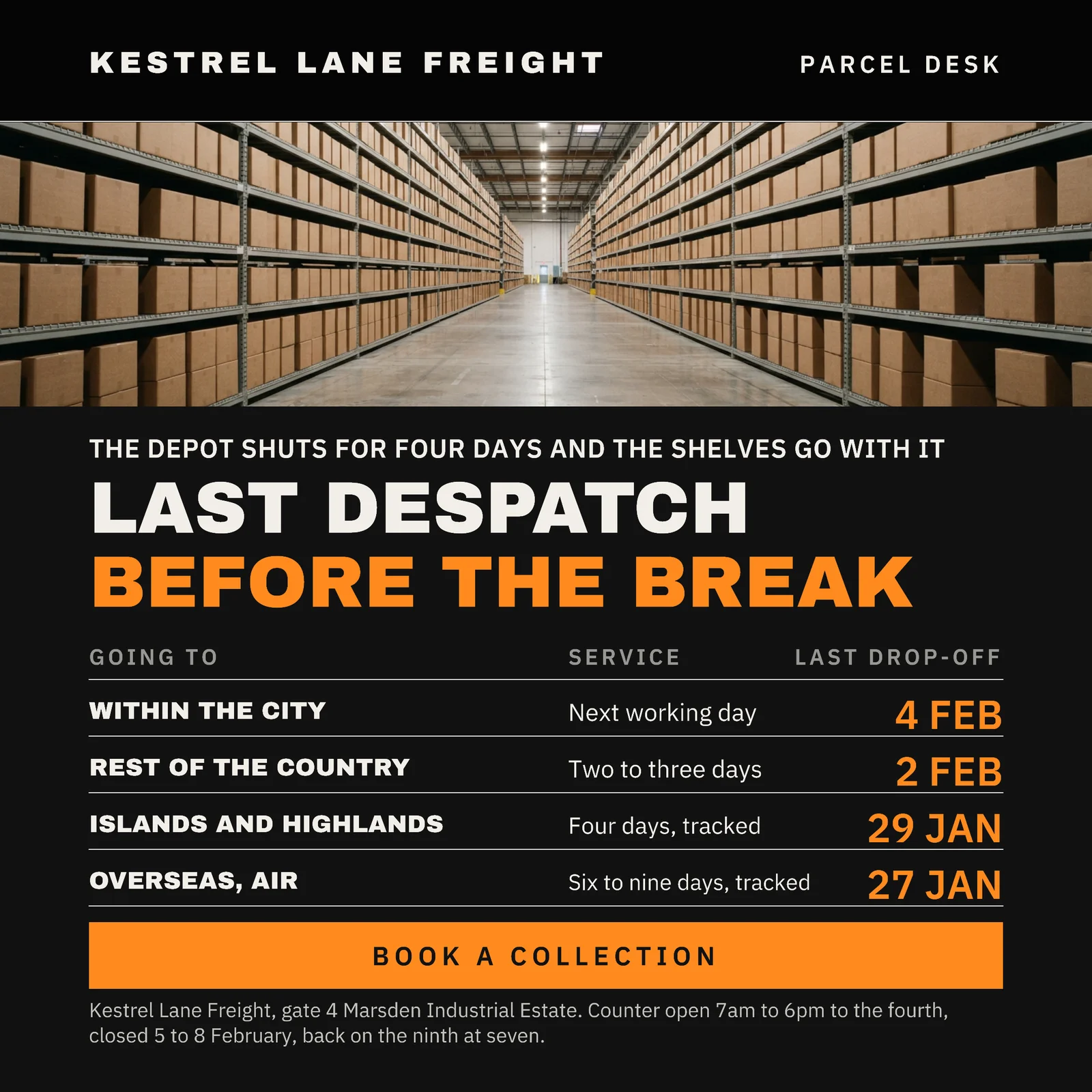 Near-Black Tangerine Despatch Board Courier Cut-Off Facebook Ad — 1:1 Facebook ad template
