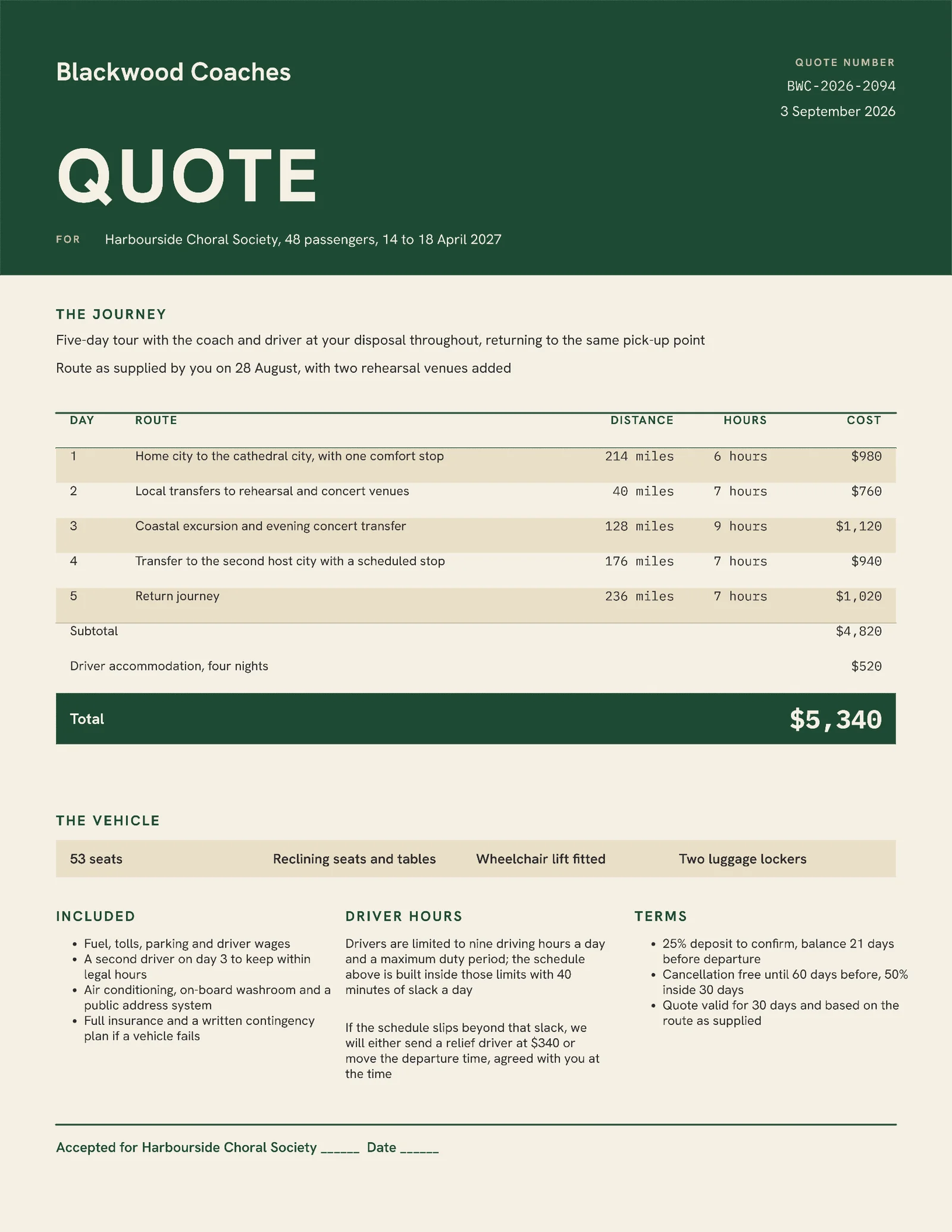 Forest Cream Group Coach Hire Quote — 2-page Quote template, page 2 of 2
