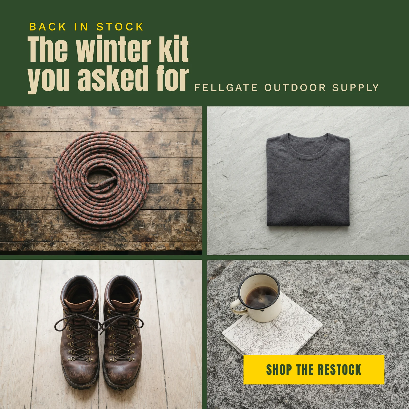 Moss Four Tile Grid Outdoor Shop Restock Facebook Ad — 1:1 Facebook ad template