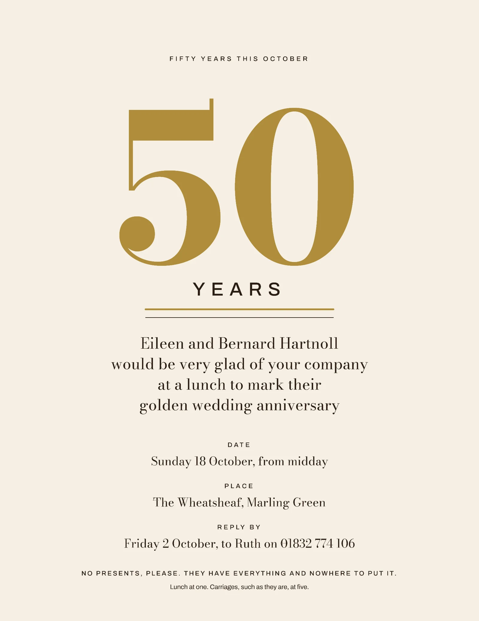 Ivory Gold Numeral Hero Golden Wedding Anniversary Invitation — Letter Invitation template