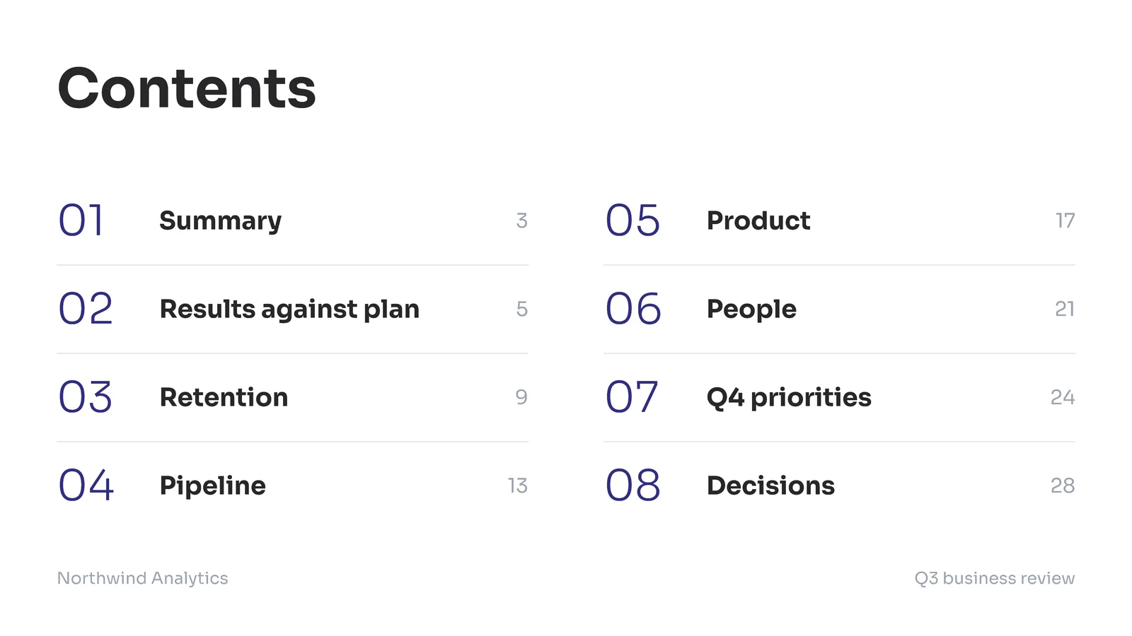 Numbered Two Column Contents Slide — 16:9 Slide template