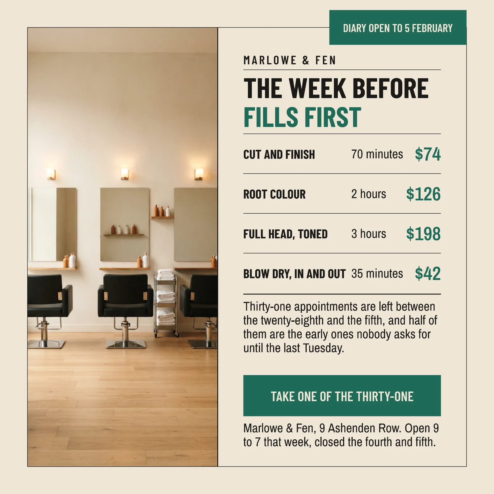 Oat Jade Appointment Slip Salon Holiday Diary Facebook Ad — 1:1 Facebook ad template