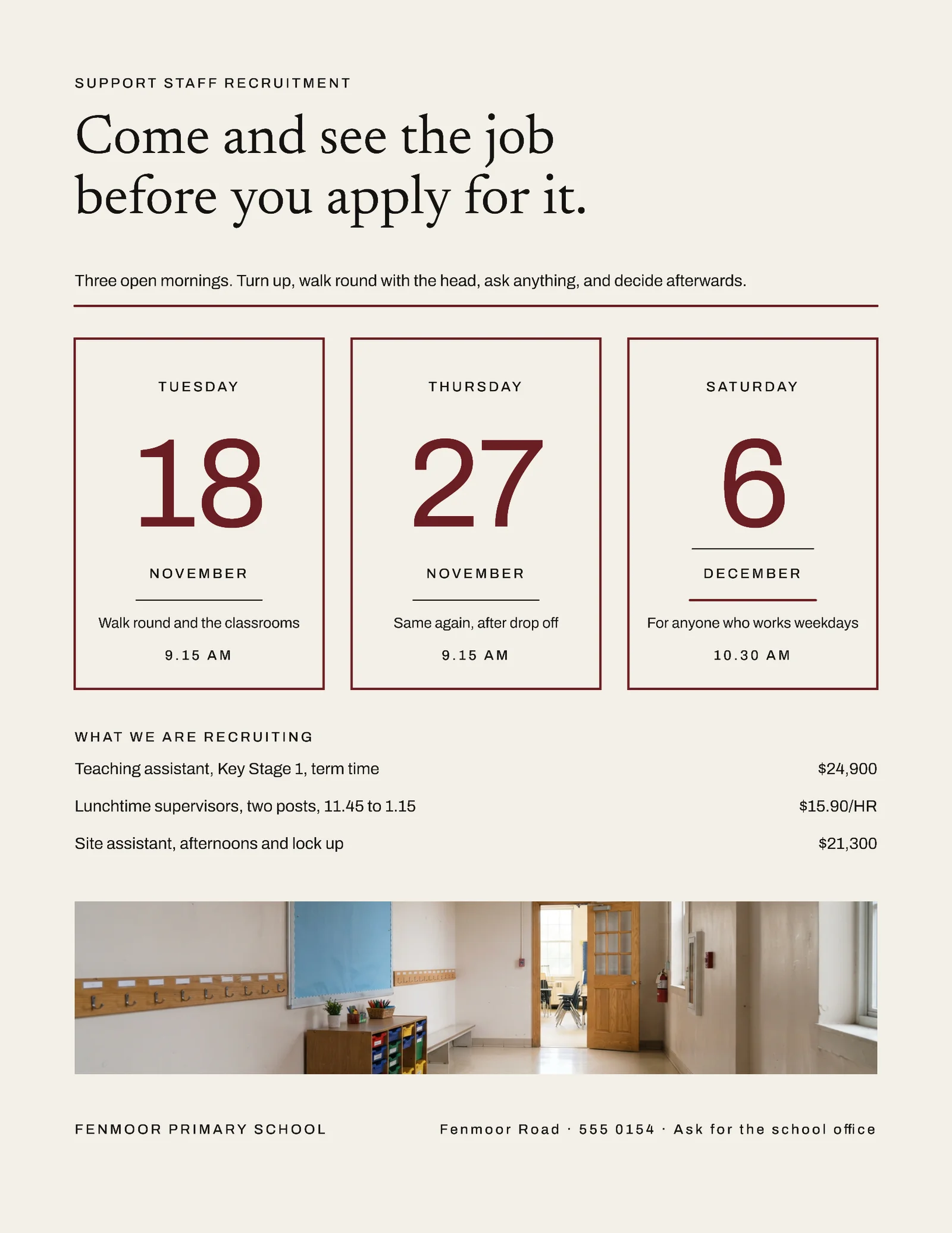 Oxblood Date Blocks School Support Hiring Flyer — Letter Flyer template
