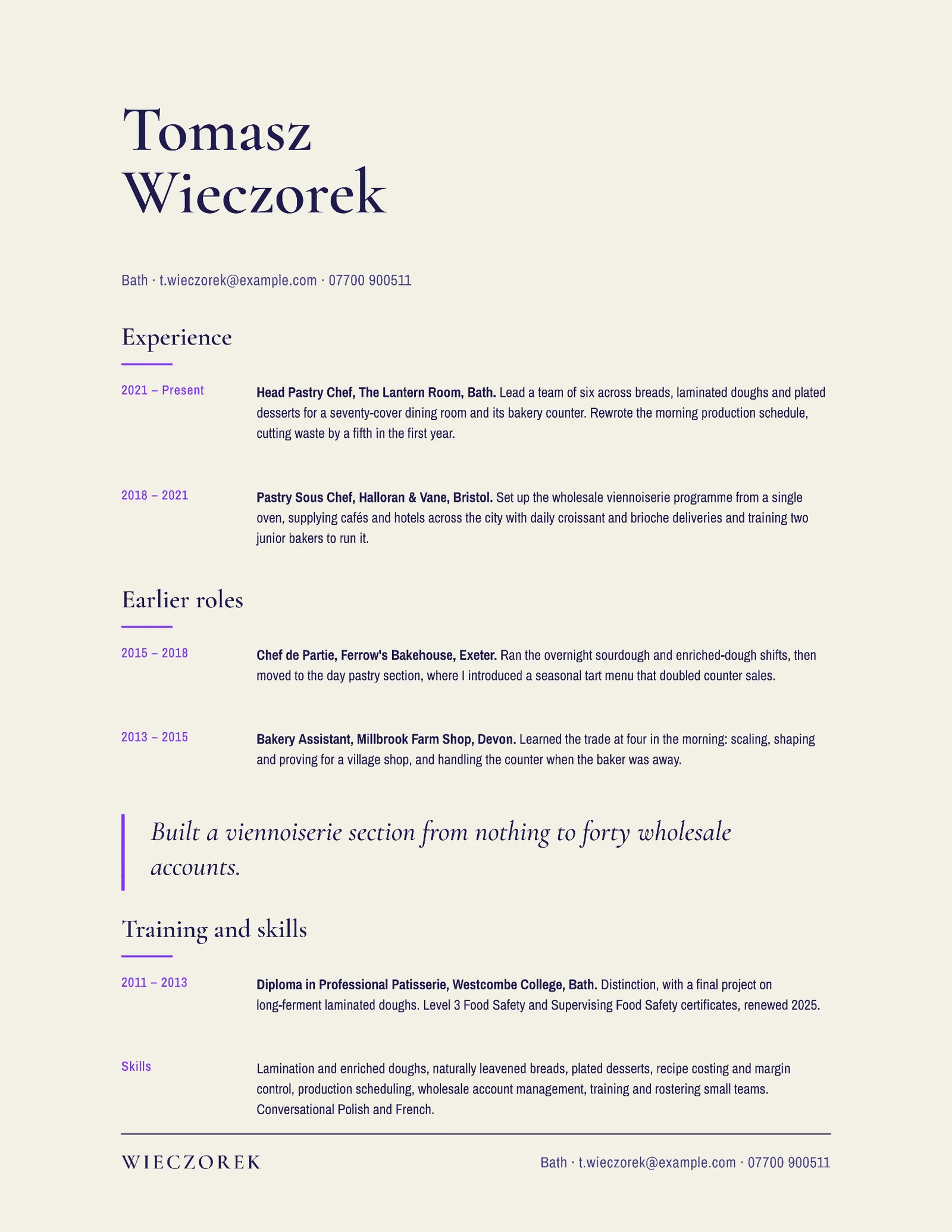 Pastry Chef Resume — Letter Resume template