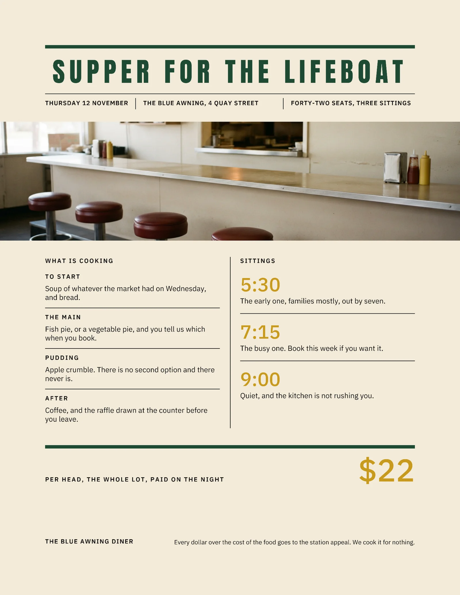 Cream Bottle Green Classified Diner Supper Night Flyer — Letter Flyer template