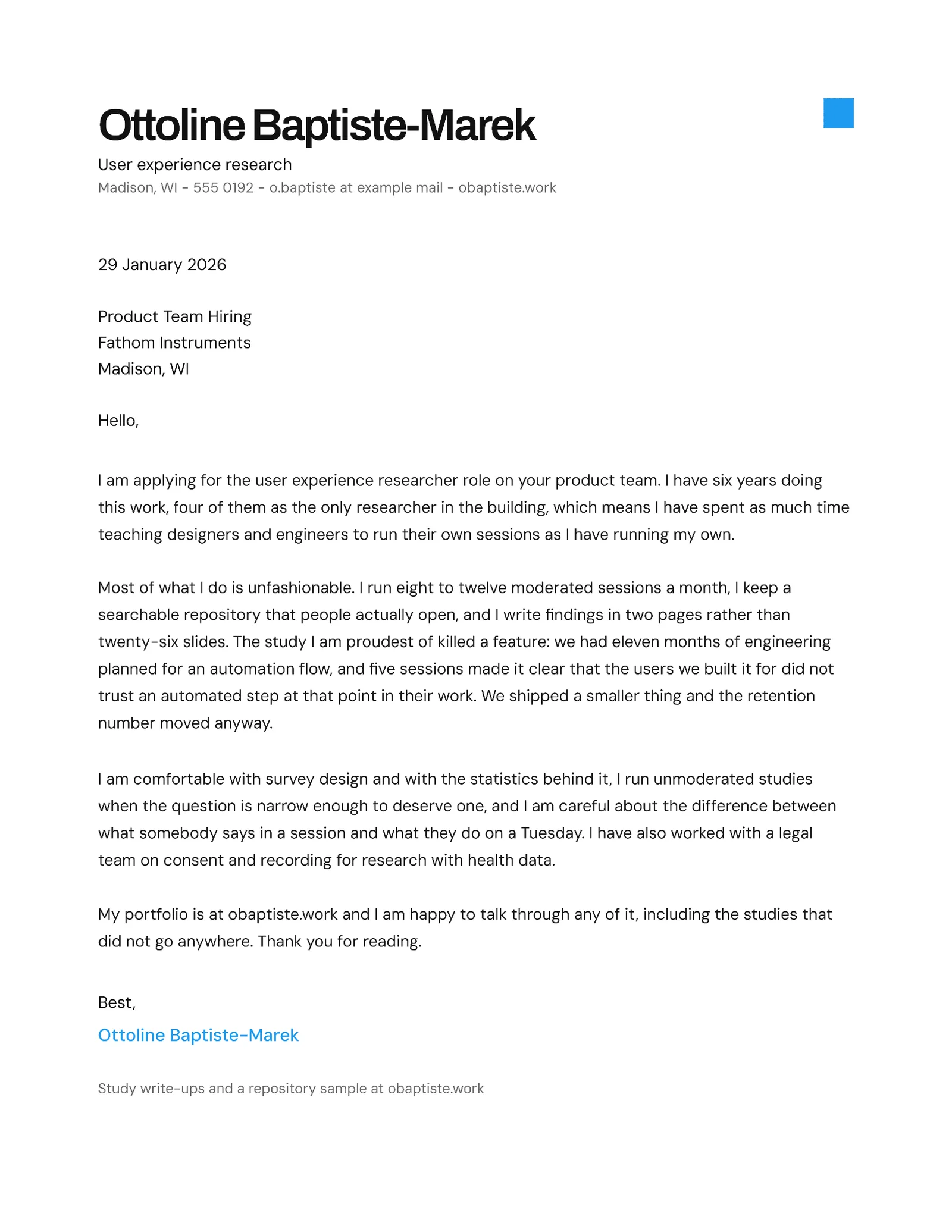 UX Researcher Cover Letter — Letter Cover letter template