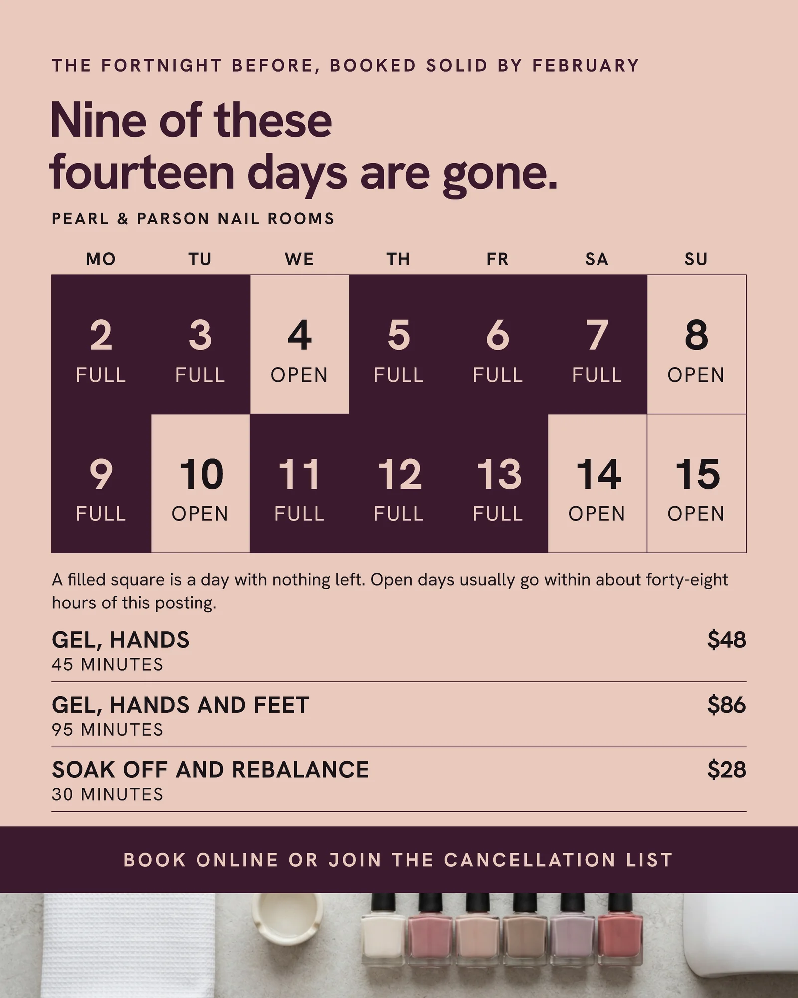 Blush Aubergine Booking Grid Nail Rooms Fortnight Instagram Ad — 4:5 Instagram ad template