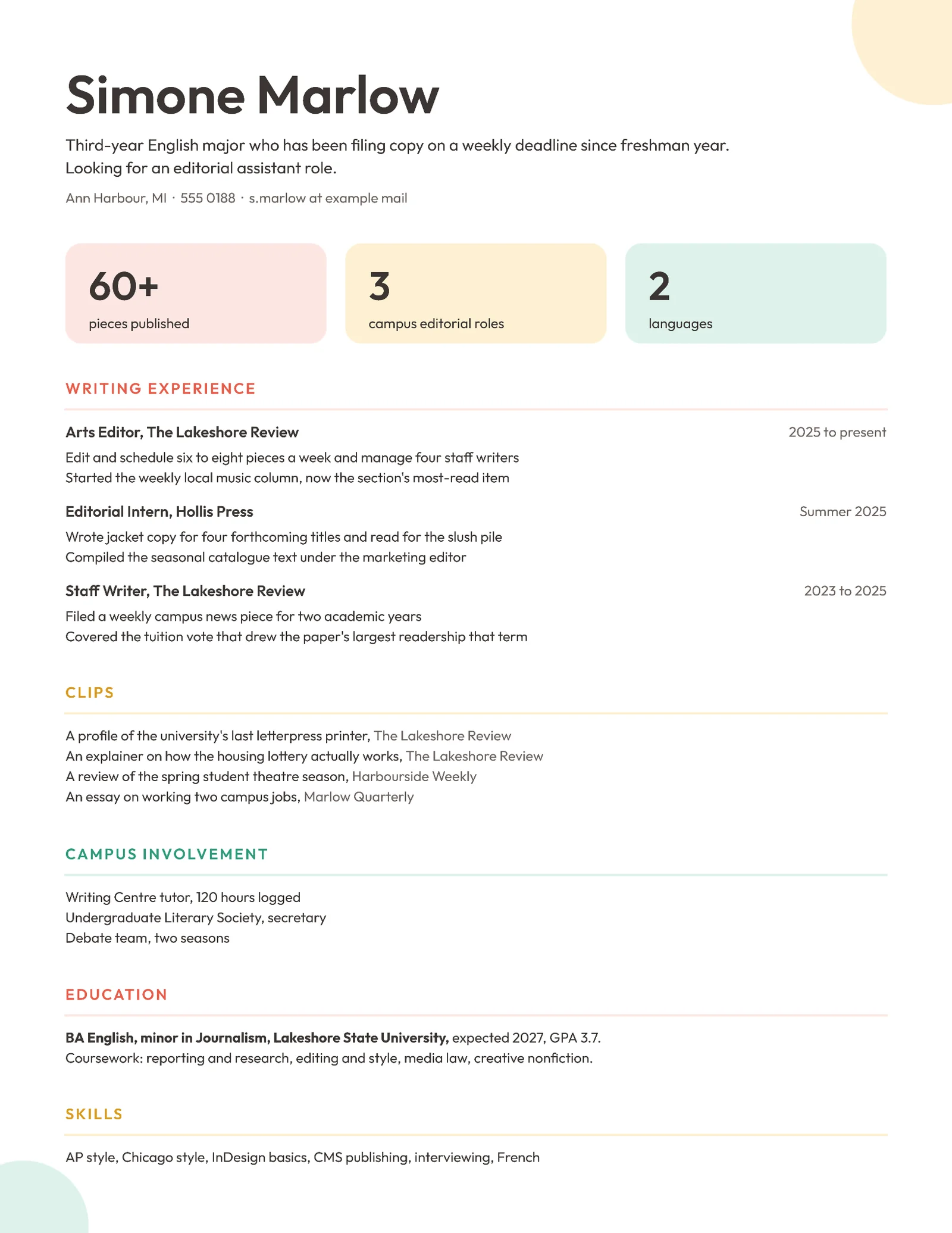 Student Writer Resume — Letter Resume template