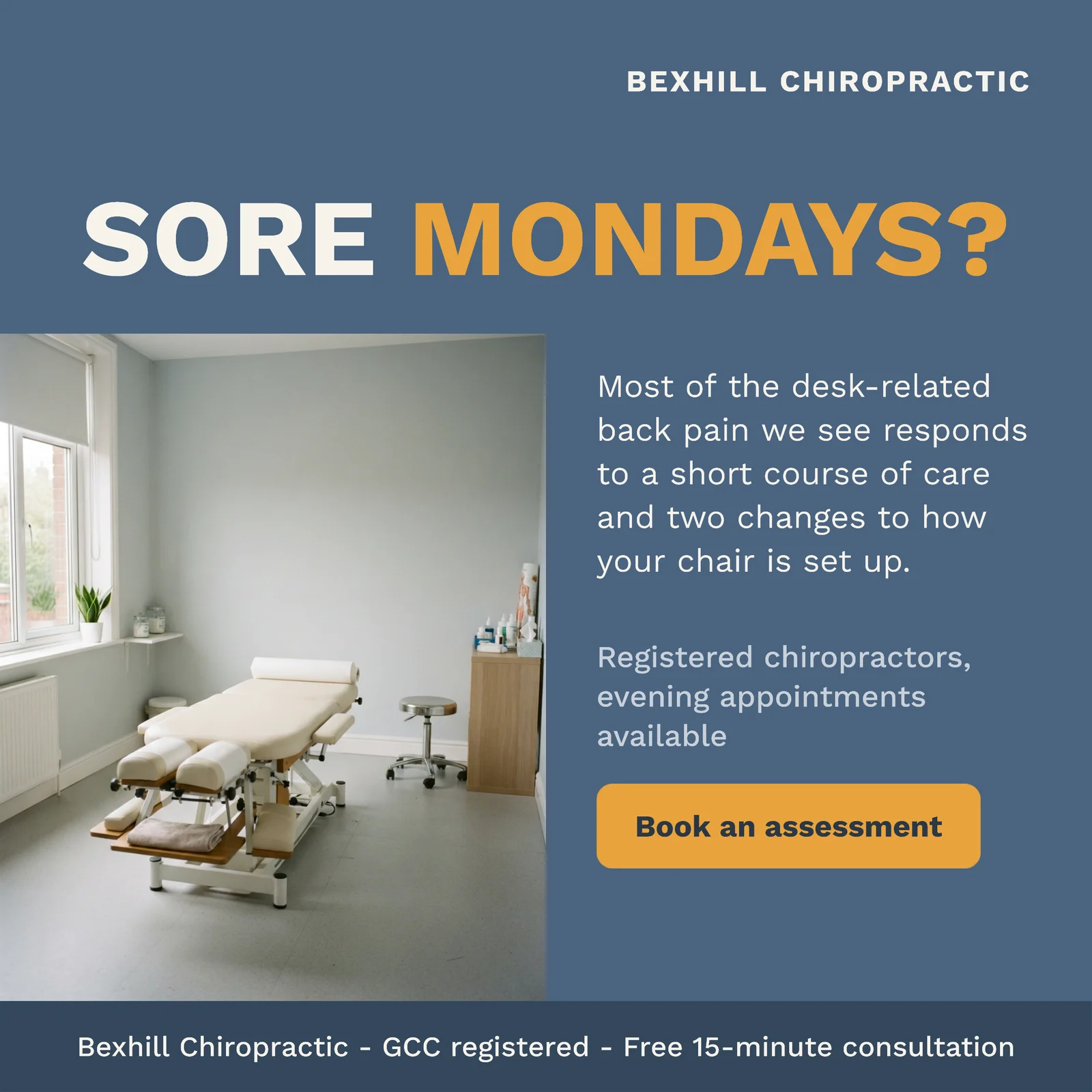 Slate blue clinic split — 1:1 Instagram ad template