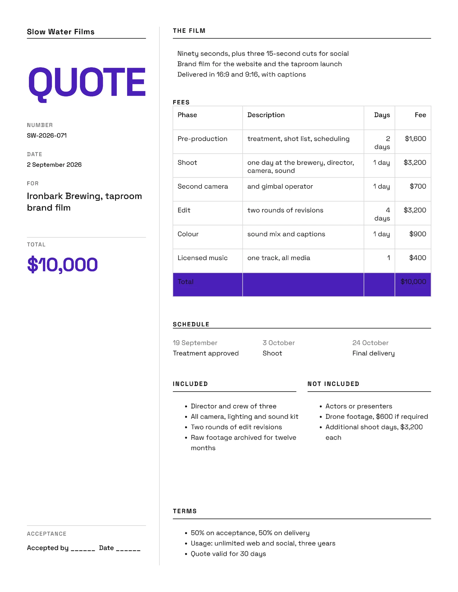 Creative Video Production Quote — 2-page Quote template, page 2 of 2