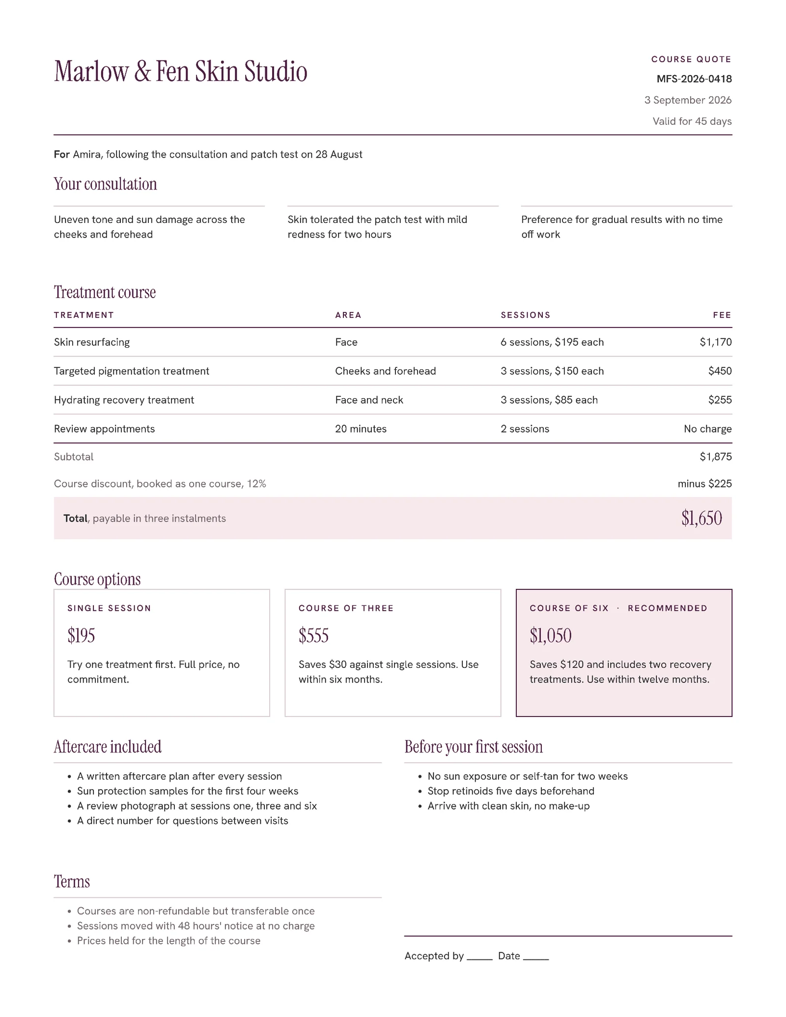 Blush Clinical Treatment Course Quote — 2-page Quote template, page 1 of 2