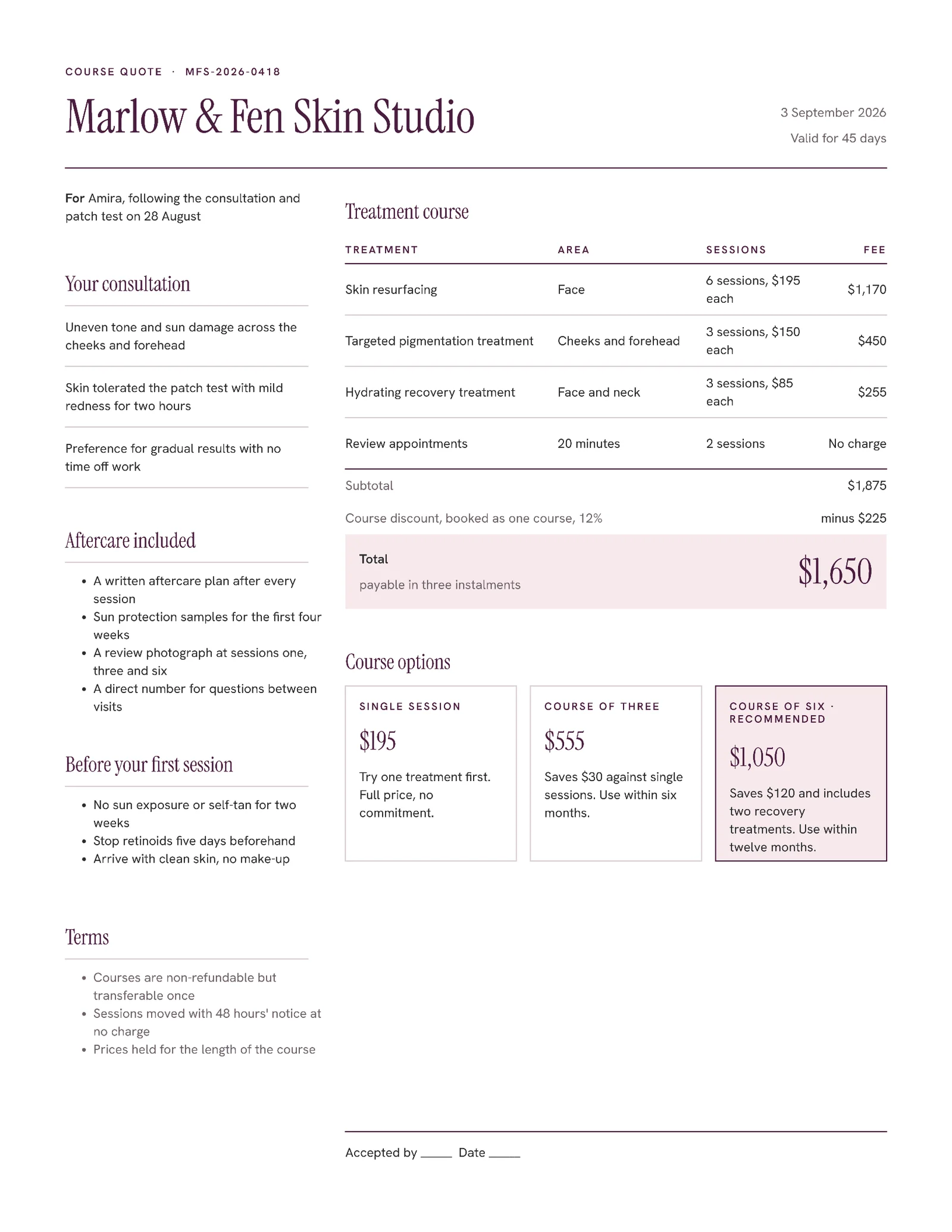 Blush Clinical Treatment Course Quote — 2-page Quote template, page 2 of 2