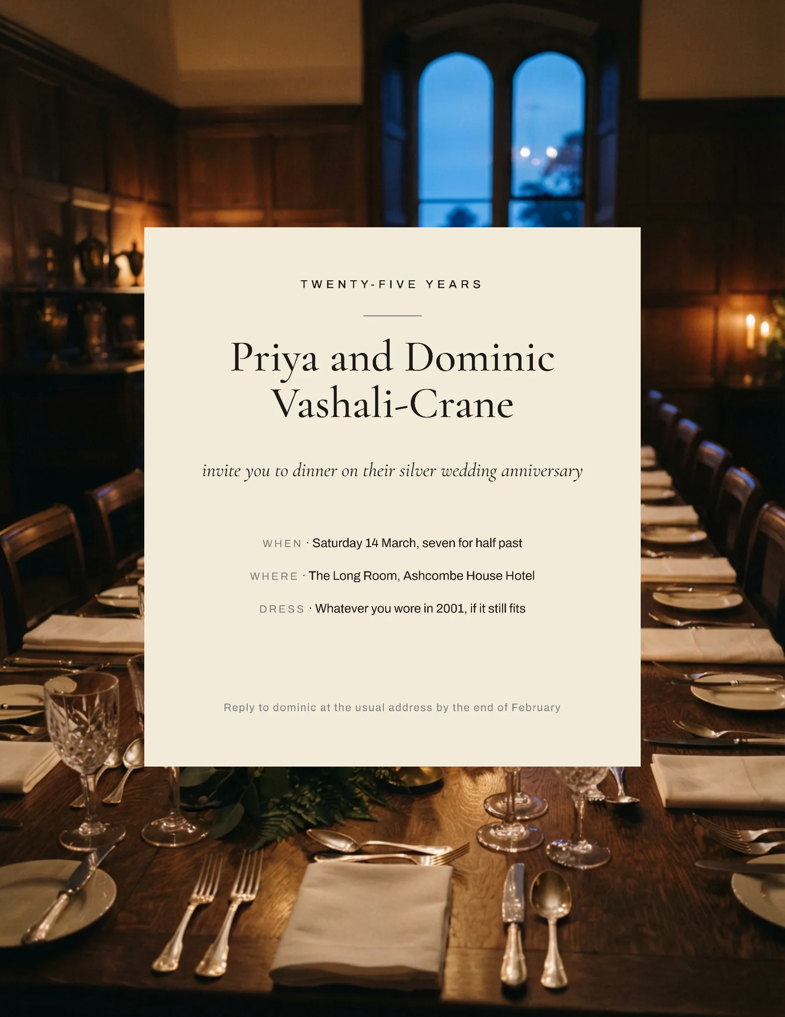 Cream Panel Over Candlelit Table Silver Wedding Anniversary Invitation — Letter Invitation template