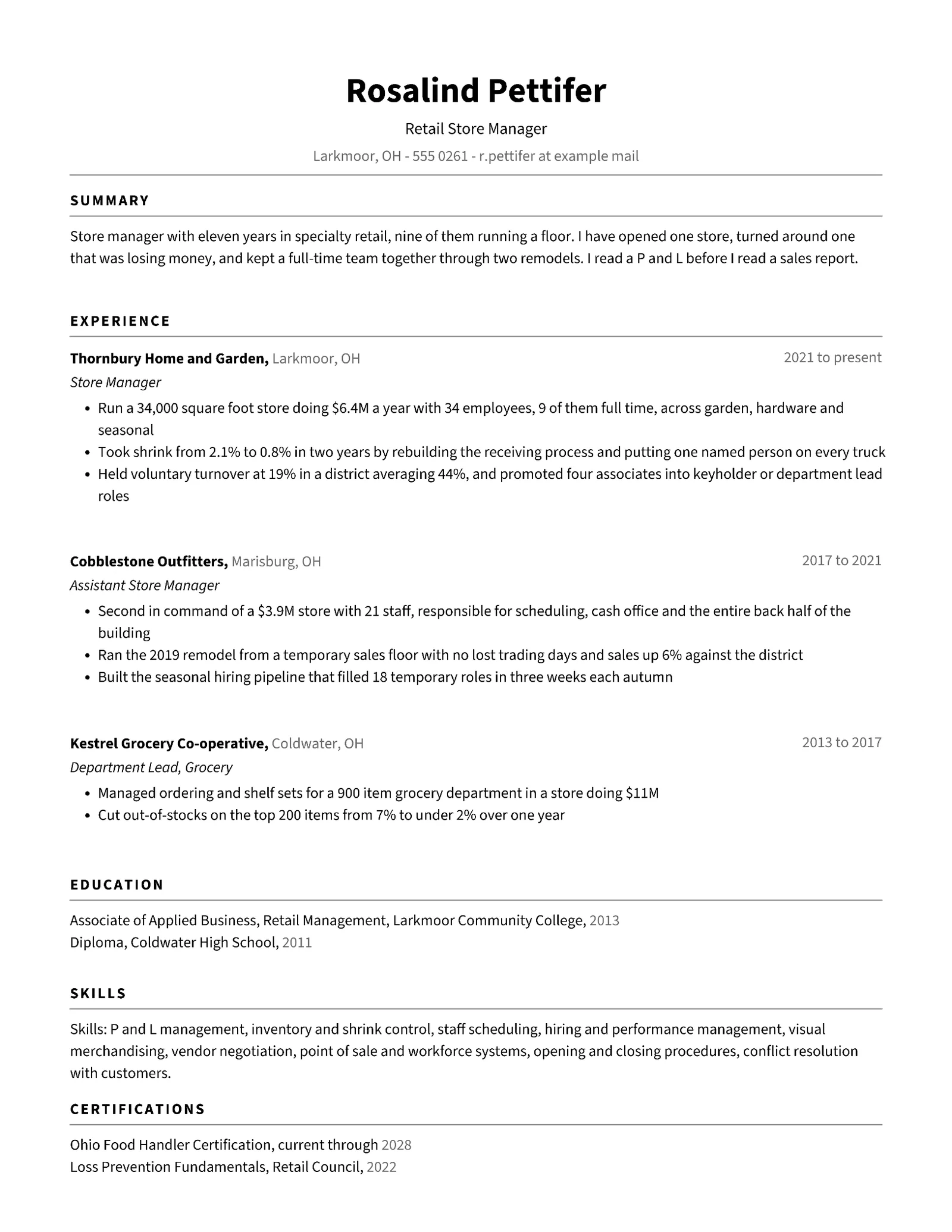 Basic Retail Store Manager Resume — Letter Resume template