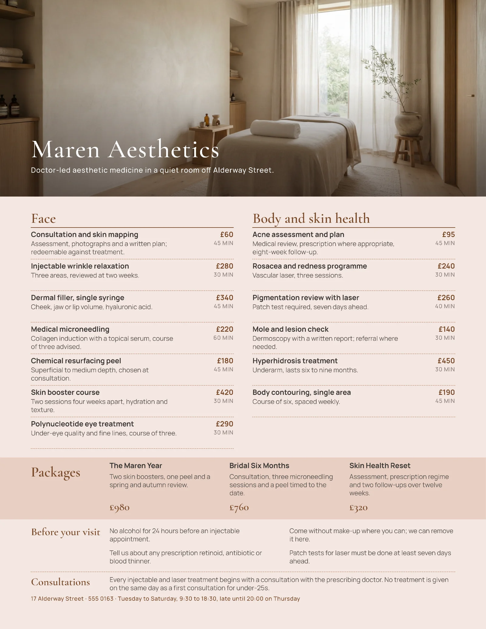 Blush Bronze Treatment Menu Medical Spa One-Pager — 2-page One pager template, page 1 of 2