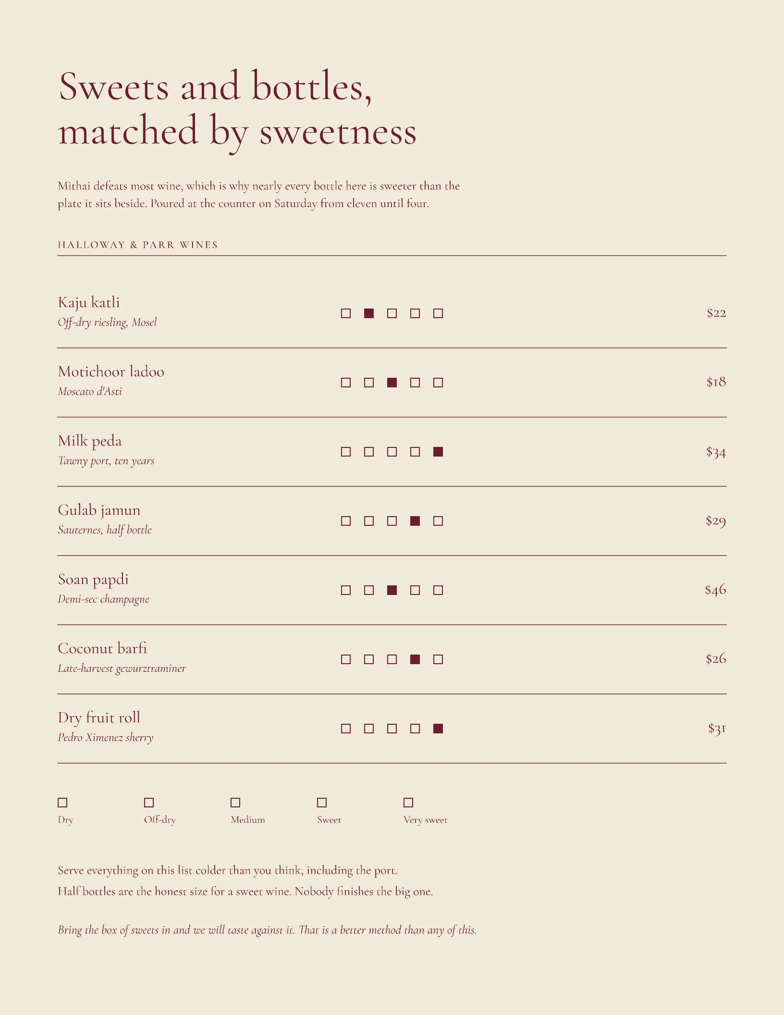 Claret Oat Sweetness Scale Wine Merchant Diwali Pairings — Letter Menu template