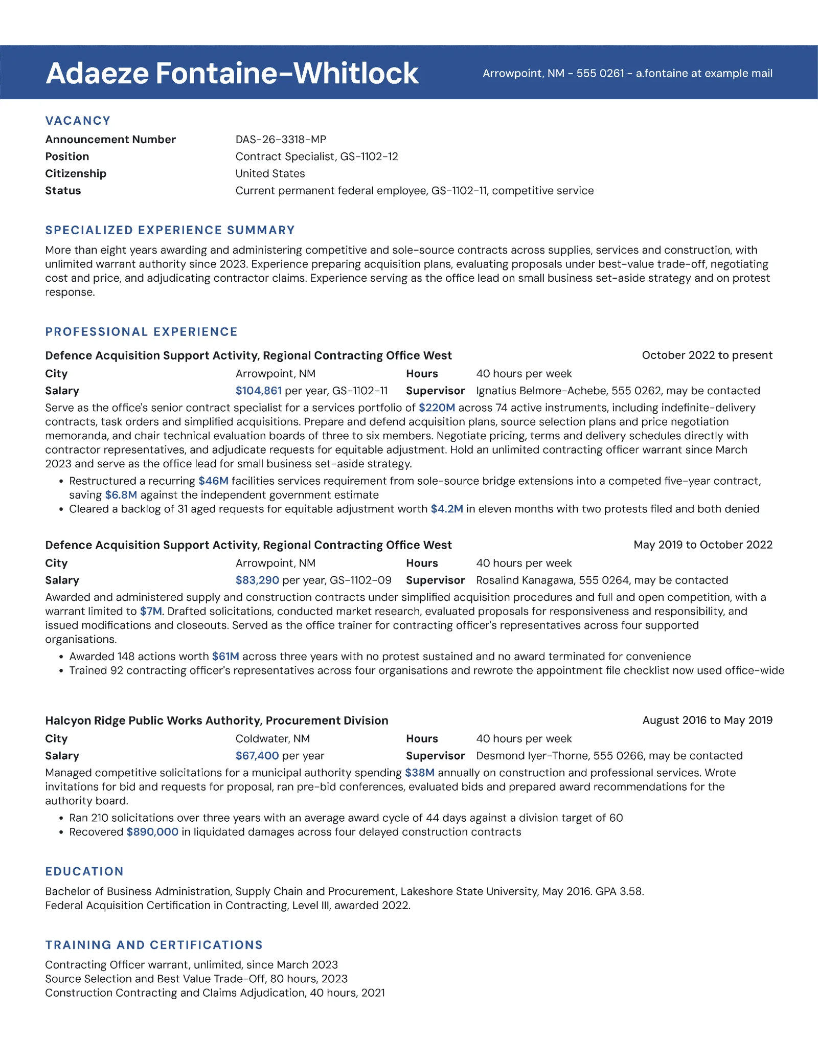 Federal Contract Specialist Resume — Letter Resume template