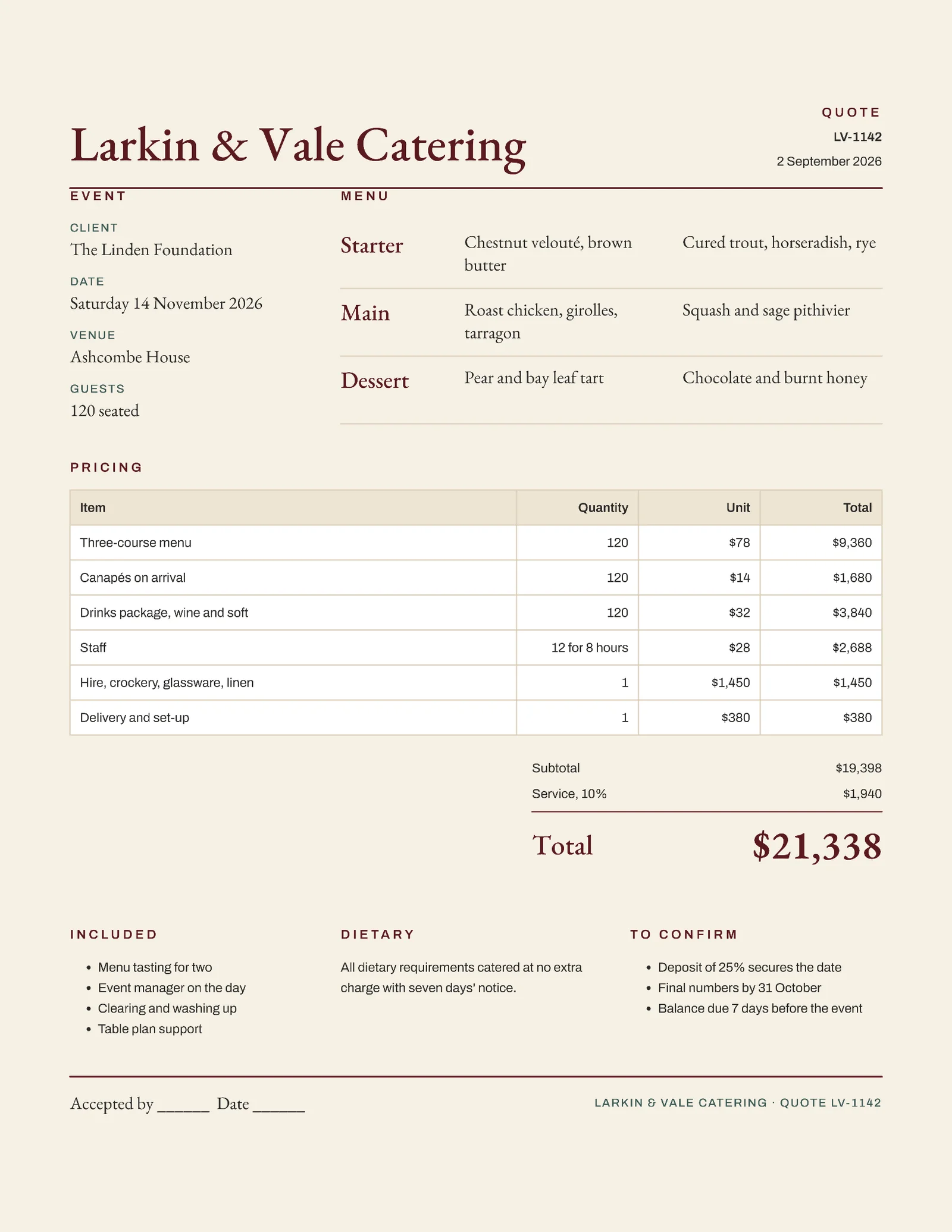 Hospitality Catering Quote — 2-page Quote template, page 1 of 2