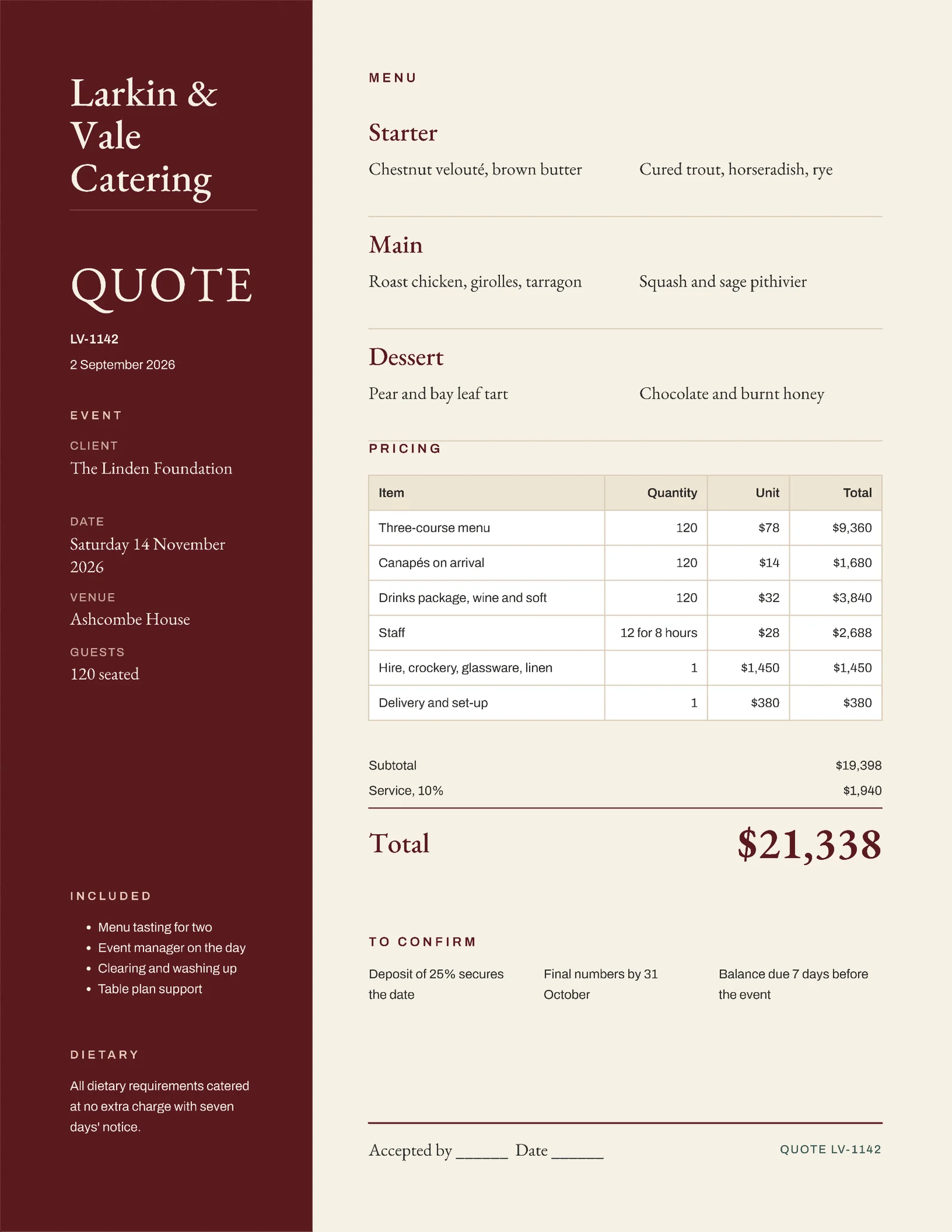 Hospitality Catering Quote — 2-page Quote template, page 2 of 2