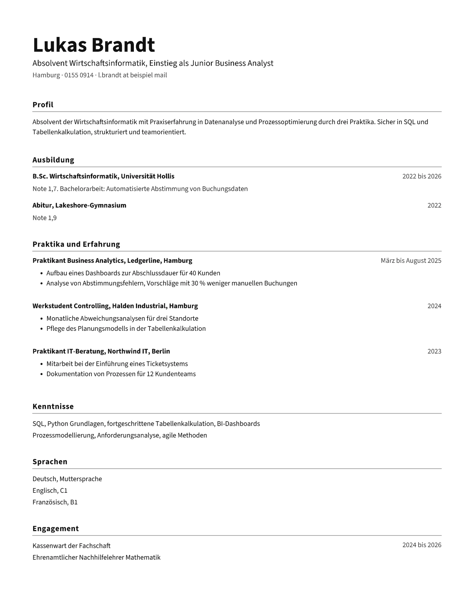 Simple Recent Graduate Résumé, German — Letter Resume template