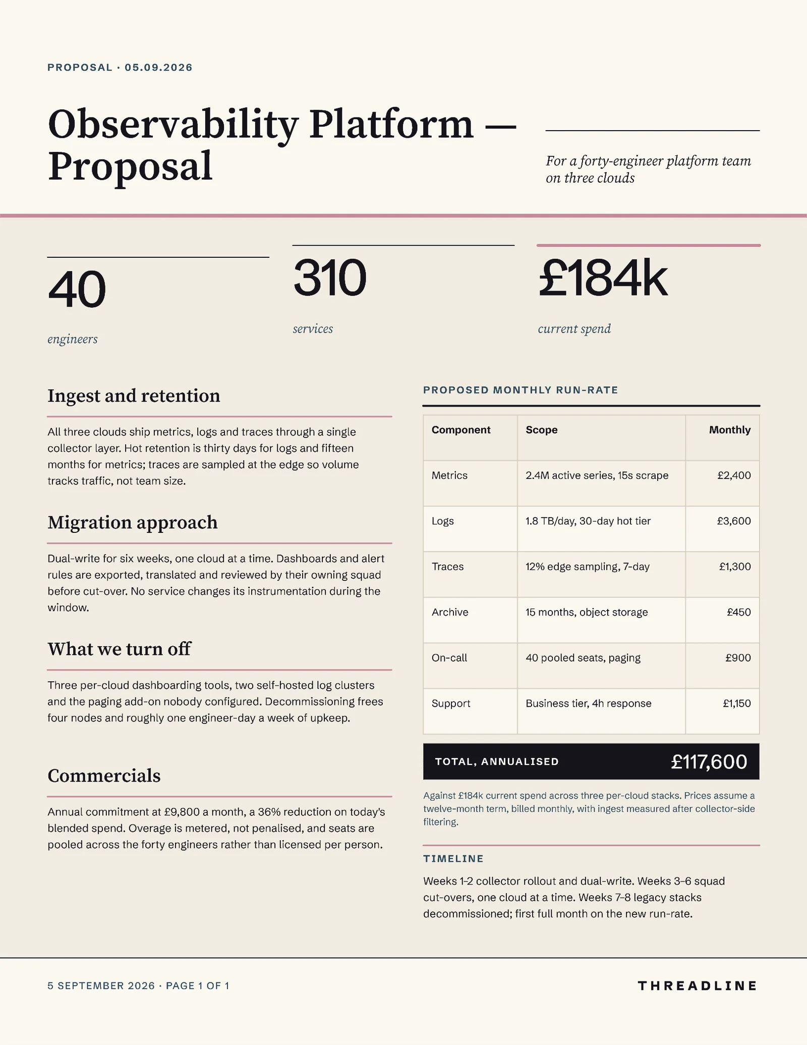 Observability Platform Proposal — 2-page Proposal template, page 2 of 2
