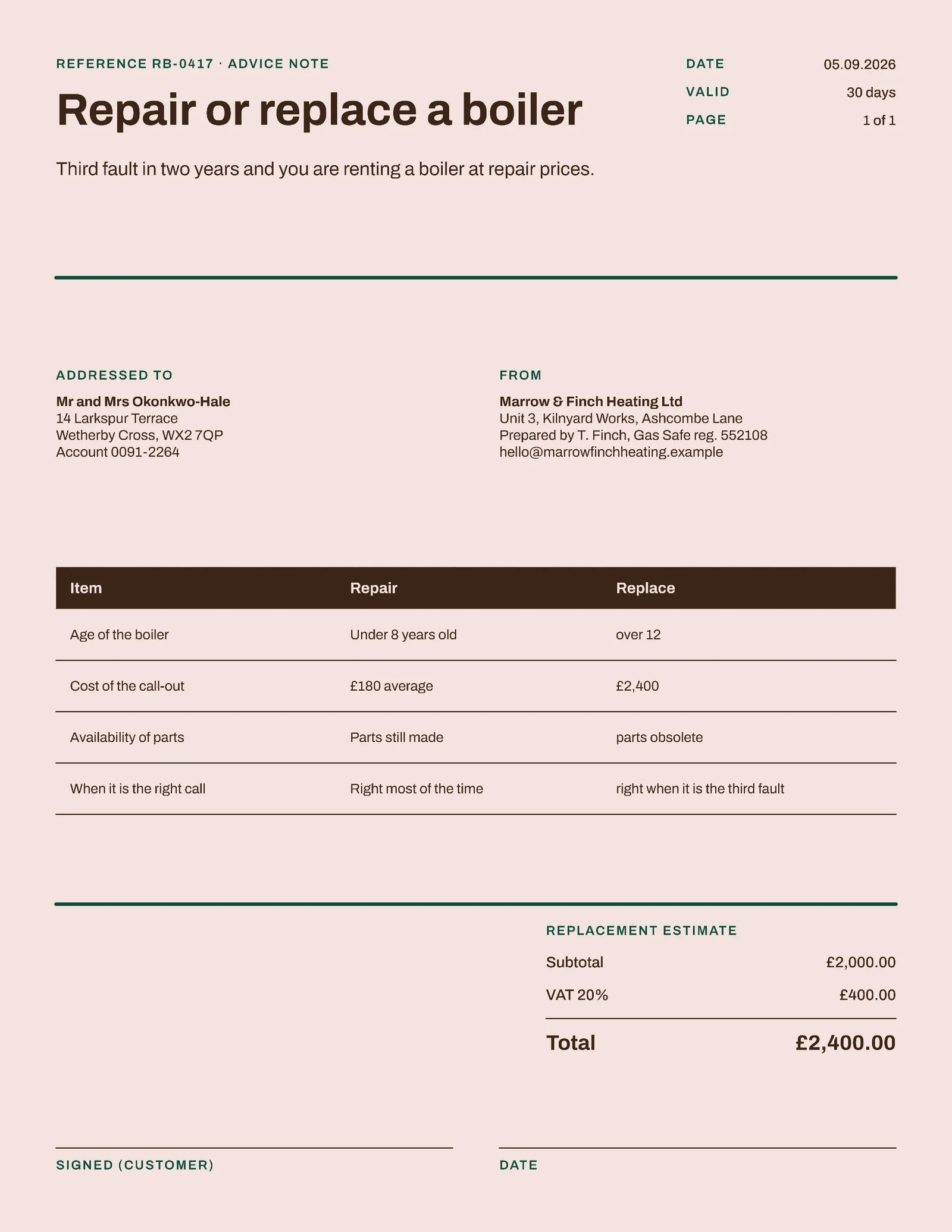 Repair Or Replace Resume — 2-page Resume template, page 1 of 2