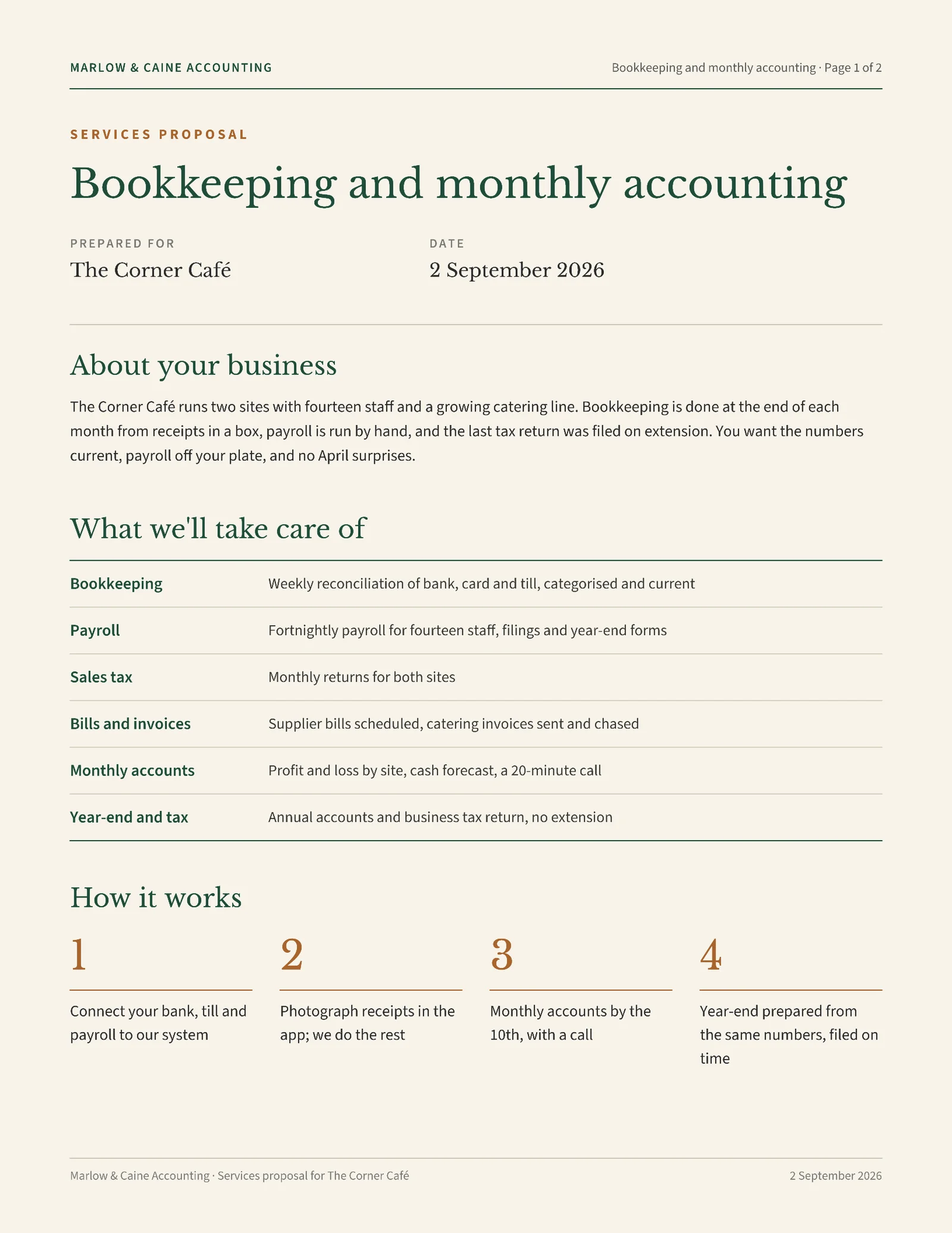 Classic Bookkeeping Services Proposal — 2-page Proposal template, page 1 of 2
